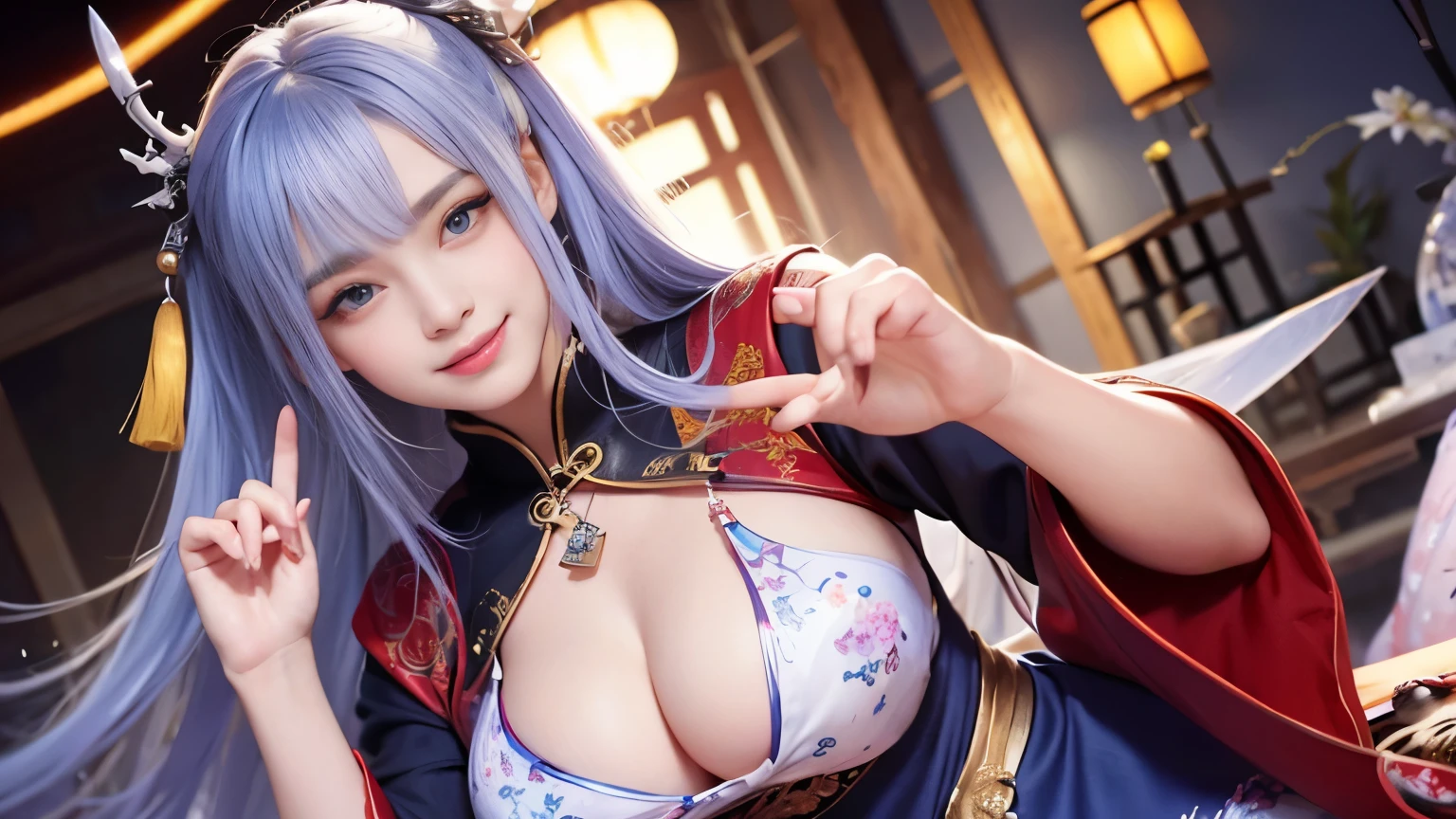 realistic, High resolution, 1 female, hip up, beautiful eyes, Ring-shaped eyes, jewelry, tattoo, Hanfu, chinese fairy, taoist uniform、cleavage、smile、Angle where you can't see your fingers