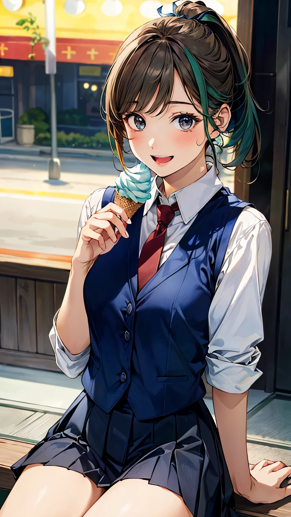 (masterpiece:1.2, top-quality), (realistic, photorealistic:1.4), beautiful illustration, (natural side lighting, movie lighting),
looking at viewer, 1 girl, japanese, high school girl, 14 years old, perfect face, perfect body, cute and symmetrical face, shiny skin, babyface, tiny,
(short hair:1.5, (low ponytail):1.6, long sideburns, light brown hair), asymmetrical bangs, dark blue eyes, big eyes, drooping eyeiddle breasts, seductive thighs, big ass),
beautiful hair, beautiful face, beautiful detailed eyes, beautiful clavicle, beautiful body, beautiful chest, beautiful thigh, beautiful legs, beautiful fingers,
((white collared shirt, navy blue box pleated skirt, dark red tie, navy blue vest), emerald green hair ribbon),
(beautiful scenery), evening, (fast food shops), sitting, (eating ice cream), (happy smile, open mouth),