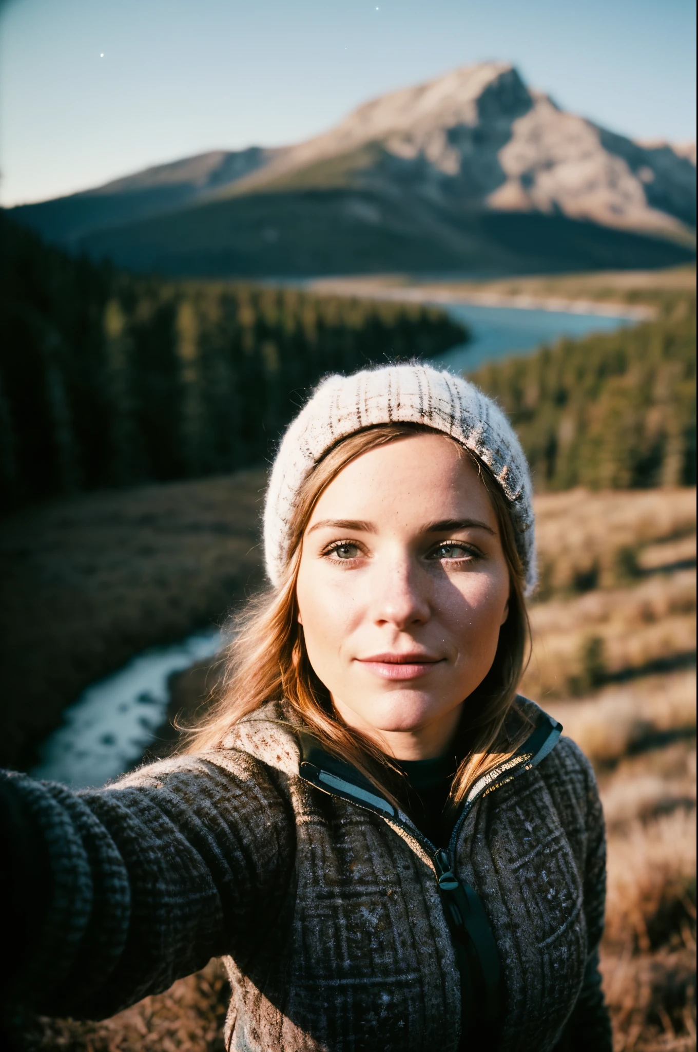 1 woman((upper body selfie, happy)), masterpiece, best quality, ultra-detailed, solo, outdoors, (night), mountains, nature, (stars, moon) cheerful, happy, backpack, sleeping bag, camping stove, water bottle, mountain boots, gloves, sweater, hat, flashlight, forest, rocks, river, wood, smoke, shadows, contrast, clear sky,
analog style (look at viewer:1.2) (skin texture)
(film grain:1.3), (warm hue, warm tone)