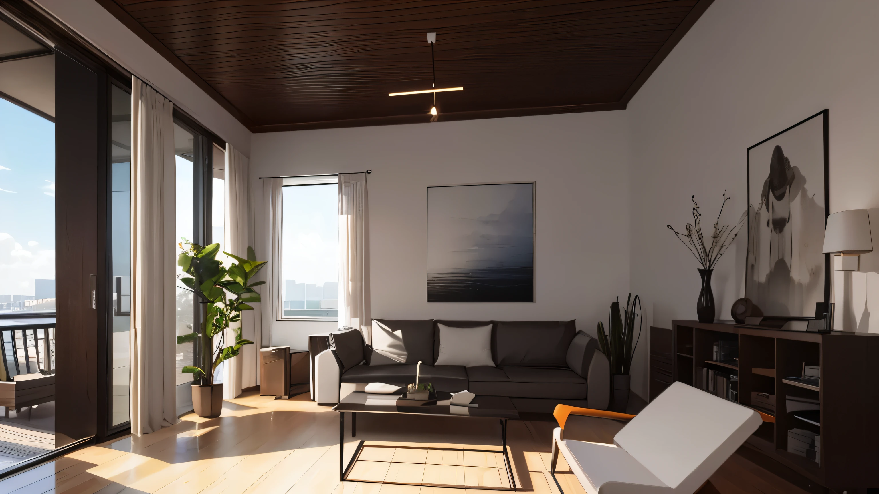 you are a famous interior designer、I was asked to create a 3D image of a large modern room.。. Create a harmonious environment with modern and minimalist furniture. Including garden interior.