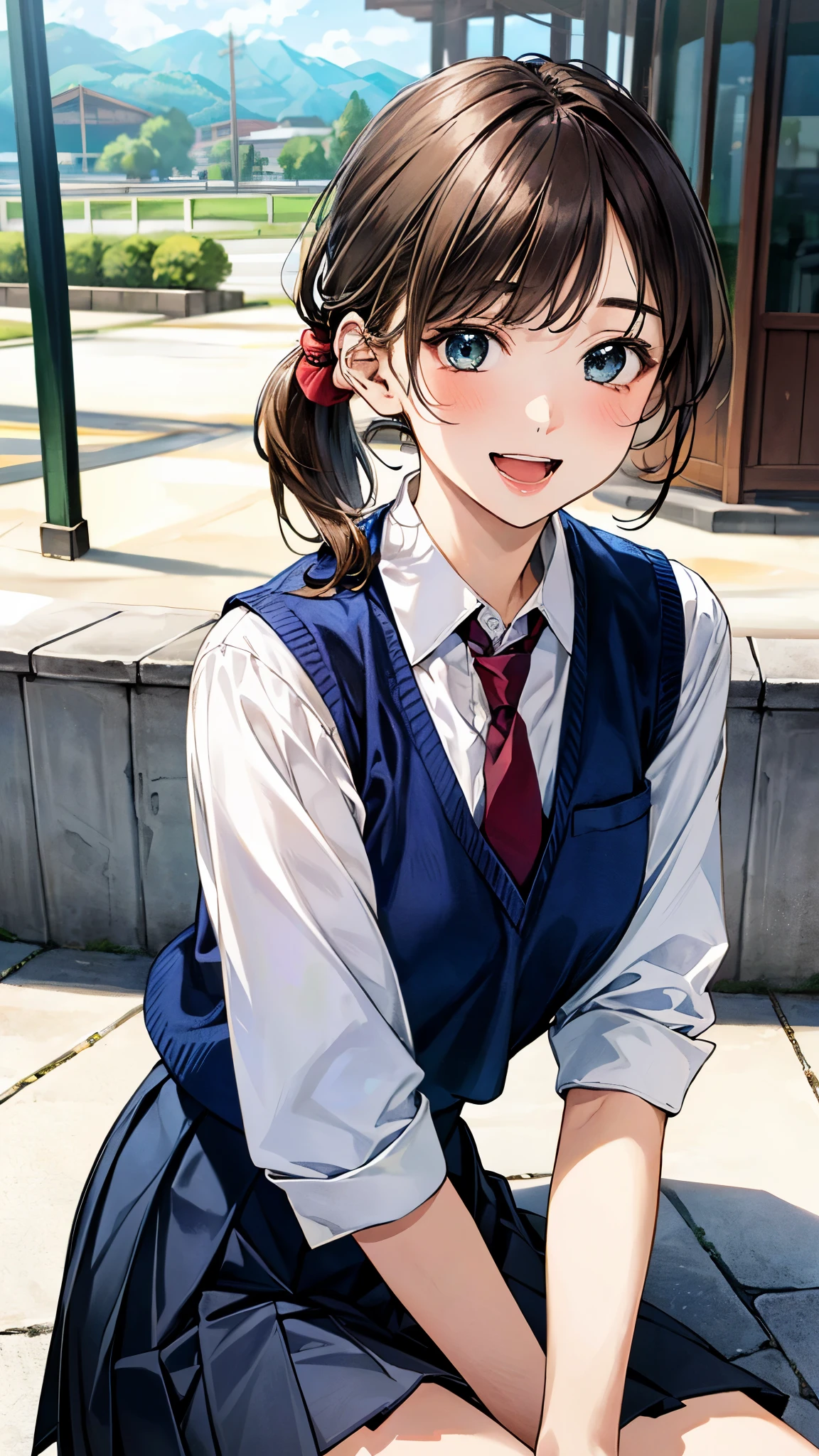 (masterpiece:1.2, top-quality), (realistic, photorealistic:1.4), beautiful illustration, (natural side lighting, movie lighting),
looking at viewer, 1 girl, japanese, high school girl, 14 years old, perfect face, perfect body, cute and symmetrical face, shiny skin, babyface, tiny,
(short hair:1.5, (low ponytail):1.6, long sideburns, light brown hair), asymmetrical bangs, dark blue eyes, big eyes, drooping eyeiddle breasts, seductive thighs, big ass),
beautiful hair, beautiful face, beautiful detailed eyes, beautiful clavicle, beautiful body, beautiful chest, beautiful thigh, beautiful legs, beautiful fingers,
((white collared shirt, navy blue box pleated skirt, dark red tie, navy blue vest), emerald green hair ribbon),
(beautiful scenery), evening, (fast food shops), sitting, (eating ice cream), (happy smile, open mouth),