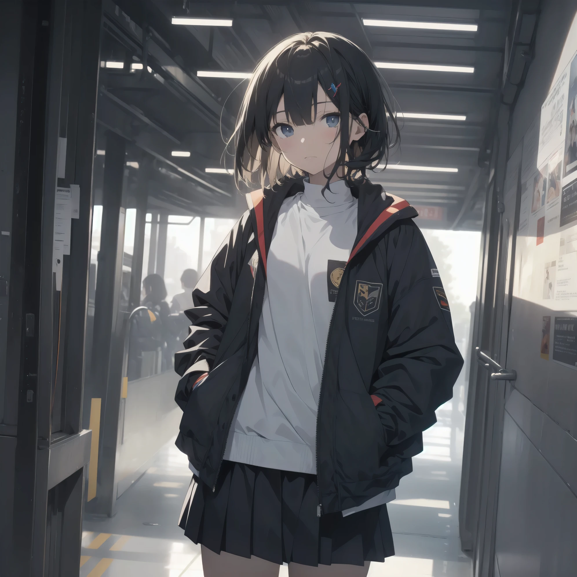 Super absurd quality by the god of art, super detailed, High resolution, anime moe art style, Best Anime 8K Kona-chan Wallpaper, pixiv contest winner, perfect anatomy, break,(眠そうにalone学校へ行く女の子を描いてください. )break,1 girl, (alone,little woman, baby face, :1.3),All limbs, full finger,, The charm of an immature body, (very short hair), bangs, flat chest, Small Bodysuits, small ass, between legs, small black eyes, detailed and beautiful eyes, Well-proportioned iris and pupils, expressive eyes, sleepy eyes, High resolutionの詳細な髪, hair ornaments, skirt, collared shirt, pleated skirt, school uniform, school bag,(detailed lighting), (detailed background), On the way to school. break,super dense skin, Best movie lighting by famous artists, 8k,cute illustration,photoshop_(Moderate),Absurd Hi-Res,Hmm,rough skin
