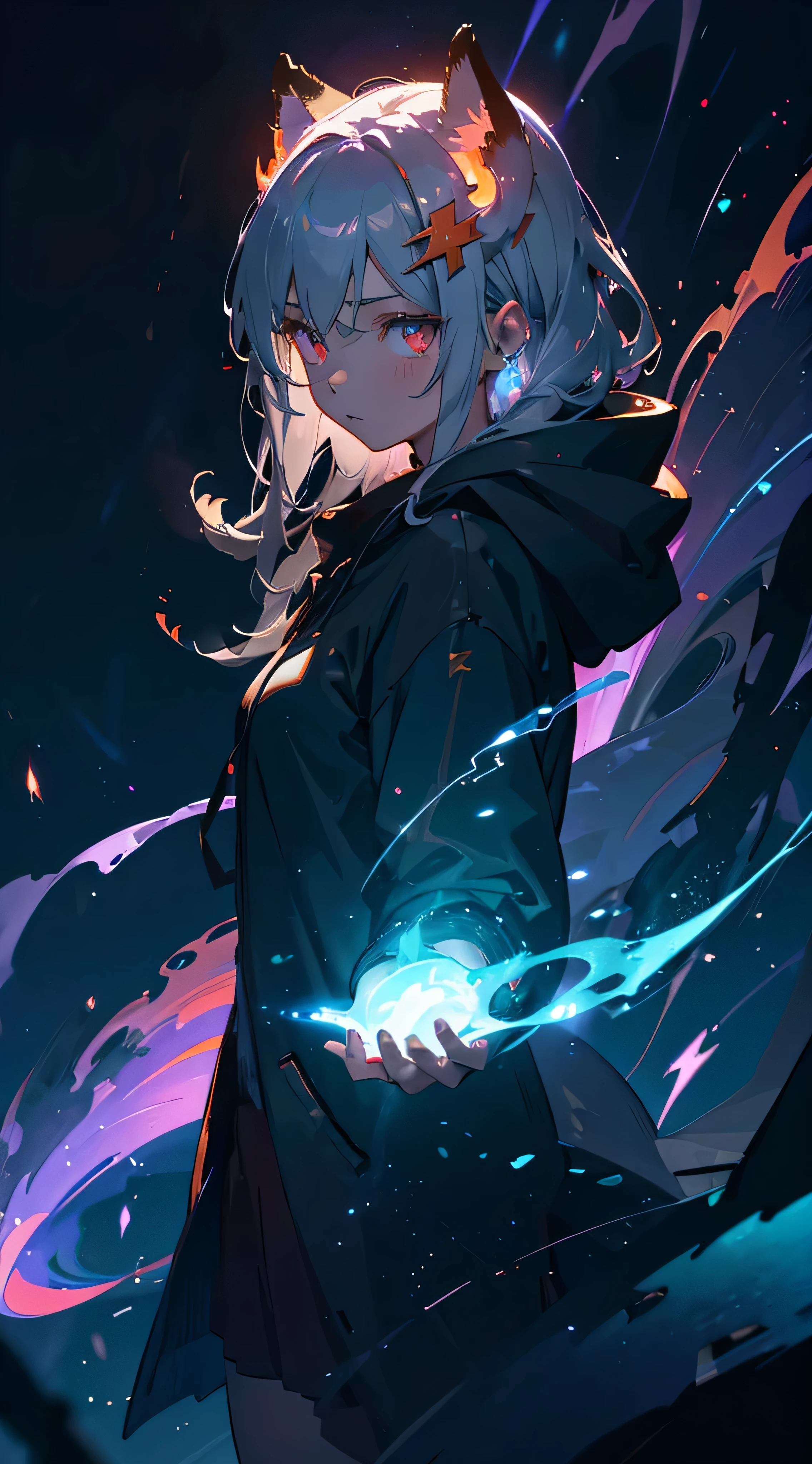 Elementals, lightning, green aura, red aura, purple aura, flame eyes, dragon shadows, flame surrounding girl, Masterpiece, dark theme, maximum quality, maximum detail, ultra detail eyes, professional coloring, cinematic lightning, ruins, depth of field, backlighting, 1girl, medium breast, young girl, grey hair, long hair, glowing halo, light ring, kitsune mask hair ornament, glowing blue ocean, black hoodie, focus her face, destroyed jupiter