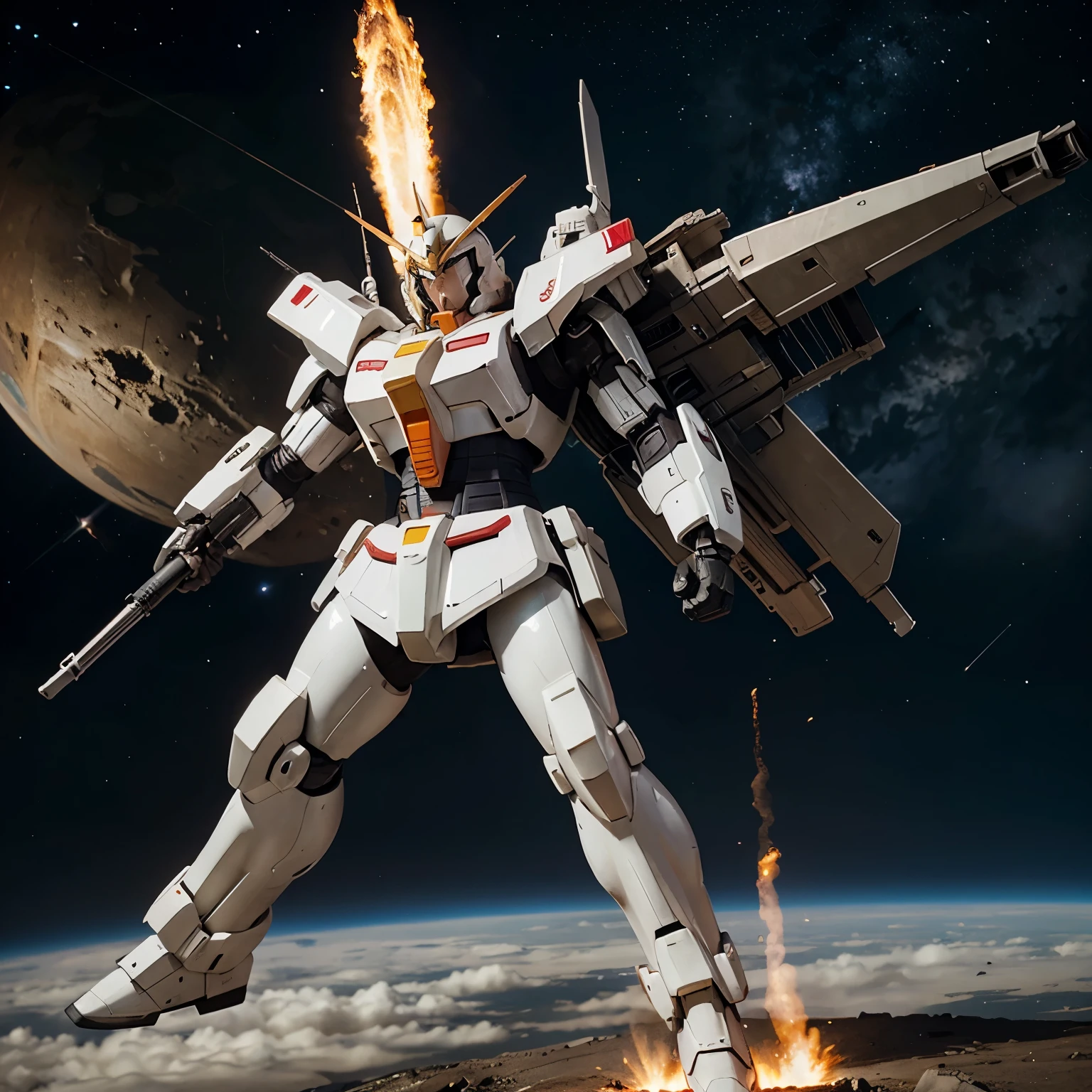 Gundam Wing with buster rifle in outer space on epic pose for battle