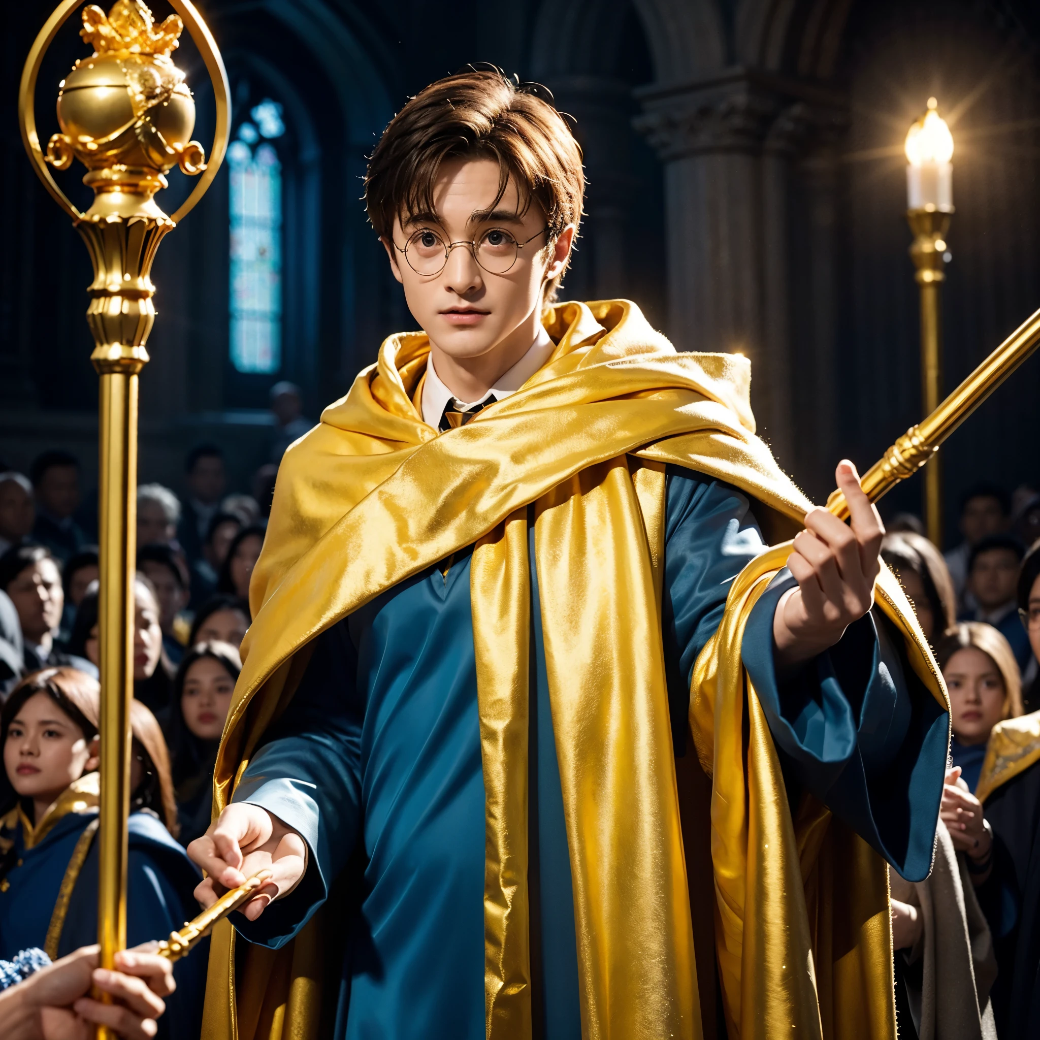 blue skin Harry Potter, muscular body, bare upper body, golden ornaments, flashy costume, Hogwarts in the background, golden king, golden emperor Harry Potter, painted in the center, crowd in the background, golden effect, golden magic, high quality,Harry Potter with golden skin, muscular body, bare upper bodyHarry Potter with golden skin, nothing on, naked, nothing on upper body, golden ornaments, flashy costume, Hogwarts in background, golden king, golden emperor Harry Potter, painted in the center, crowd in background, golden effect, golden magic, high quality, high definition、Harry Potter, the king who unifies the universe, robot in the background,