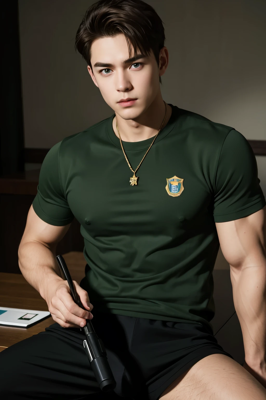 deep focus,highres:1.2),(realistic:1.37) portrait,Dean,************,FBI agent,weapon specialist,slightly serious expression,brown hair,green eyes,strong physique,full-body shot, wearing no pants, only military green shirt, working out,male,professional lighting. And bekah 16 fbi profiler and tech specialist brown bling hair blue eyes male