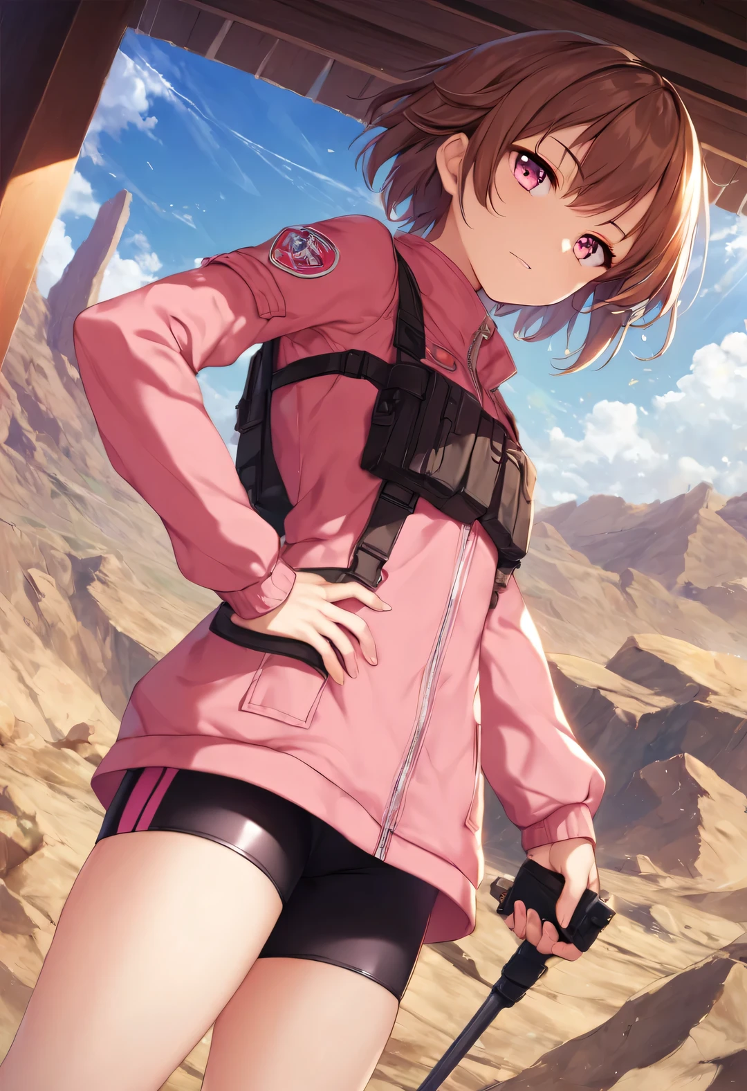 score_9, score_8_superior, score_7_superior, score_6_superior, score_5_superior, score_4_superior, sauce_anime,1 Girl Break, alone, brown hair, short hair, pink eyes, pink bodysuit, bike shorts, hip vent, tactical clothing, outdoors, desert break, masterpiece, highest quality, detailed and beautiful eyes,8k,figure,Best lighting by famous artists,(detailed lighting),photoshop_(Moderate),Hmm,game CG