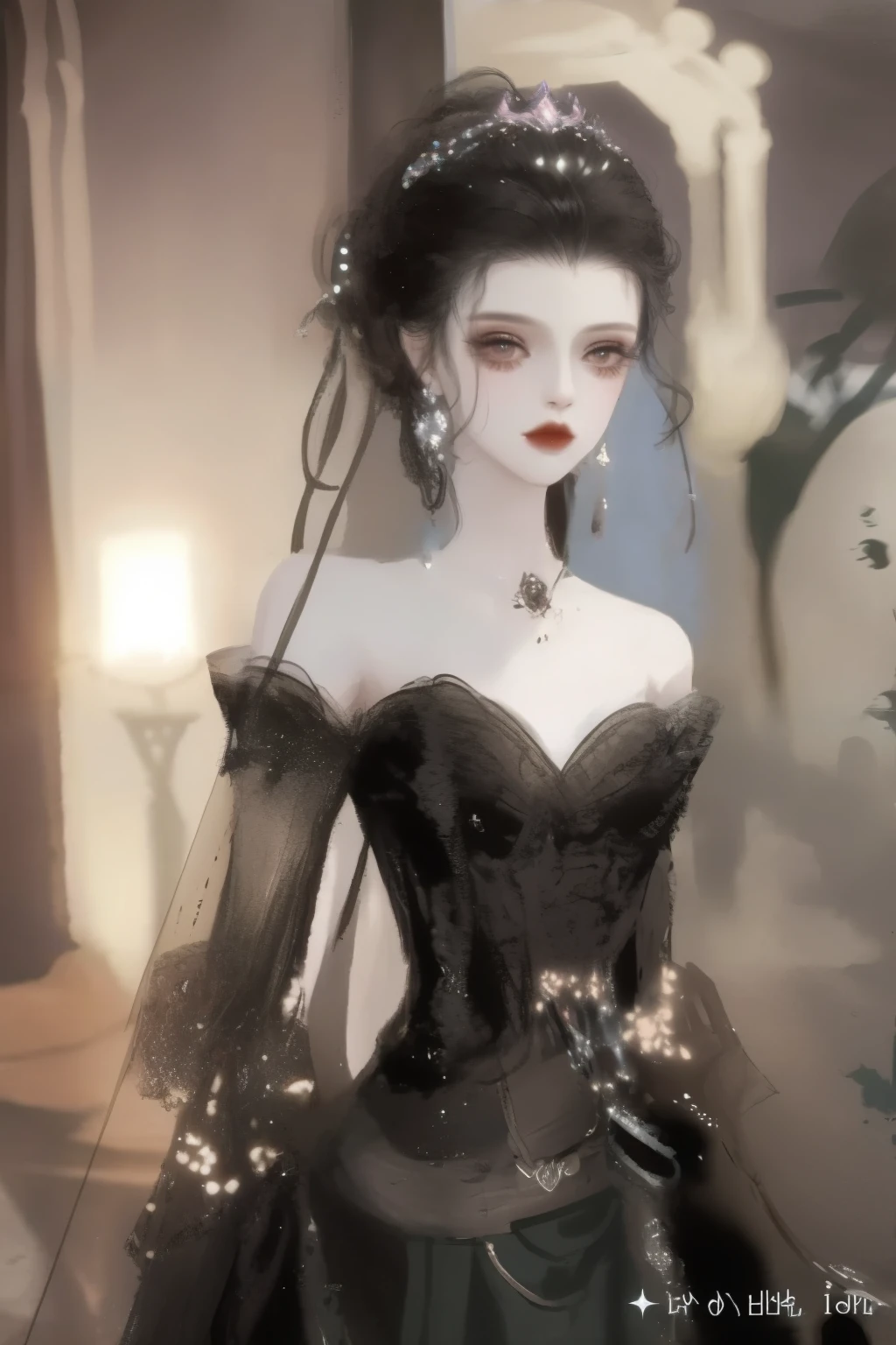 Close-up of doll wearing black dress and veil, an elegant gothic princess, ball jointed doll, beautiful detailed elegant, elegant lady with alabaster skin, Portrait of Barbie, elegant. Very detailed, Exquisite aristocrat, Dreamy intricate long gown, Korean Audrey Hepburn automaton, Very detailed and rich costumes, intricate and elegant, Gothic billionaire, anime barbie doll