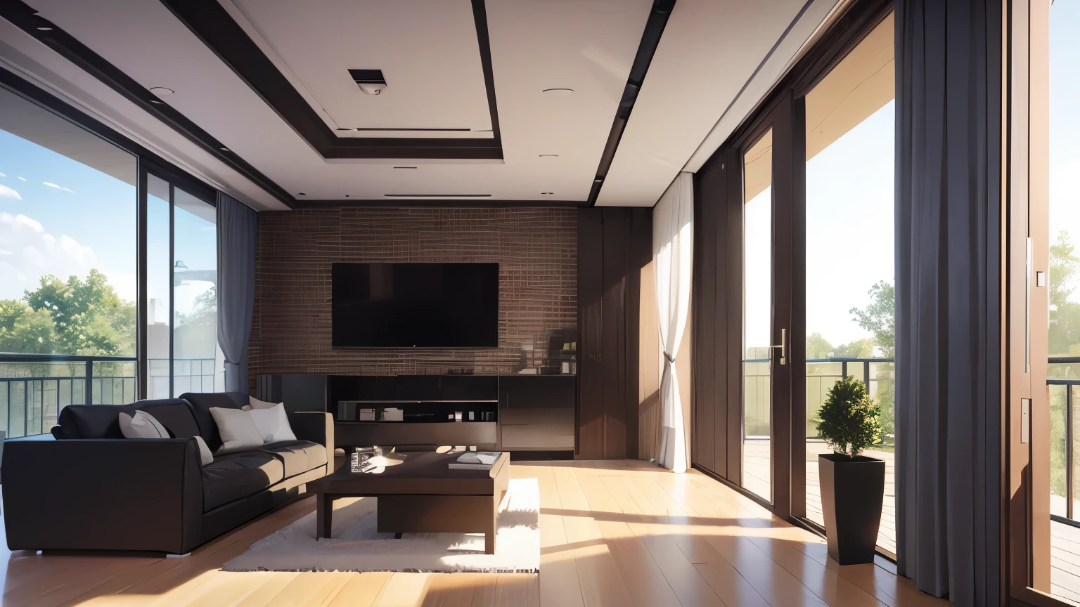 you are a famous interior designer、I was asked to create a 3D image of a large modern room.。. Create a harmonious environment with modern and minimalist furniture. Including garden interior.