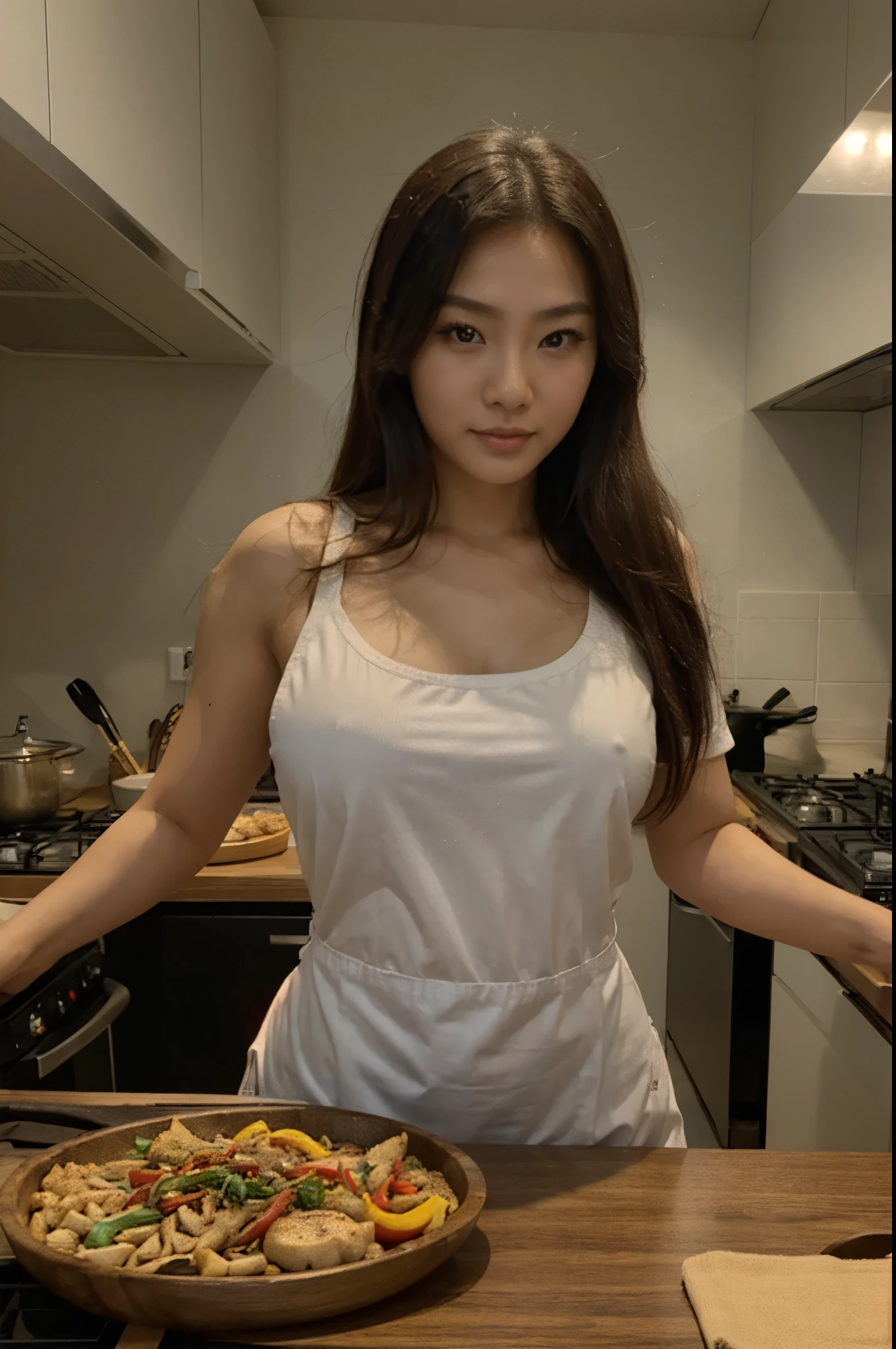 a close up of a woman in a cooking apron for a picture, asian woman, beautiful asian woman, japanese goddess, , photorealistic perfect body, asian hyperdetailed, seductive. highly detailed, gorgeous chinese model, beautiful asian woman, asian, asian woman, chinese girl, with dark complexion, korean girl, very sexy, cooking chicken stir fry, beautiful smile