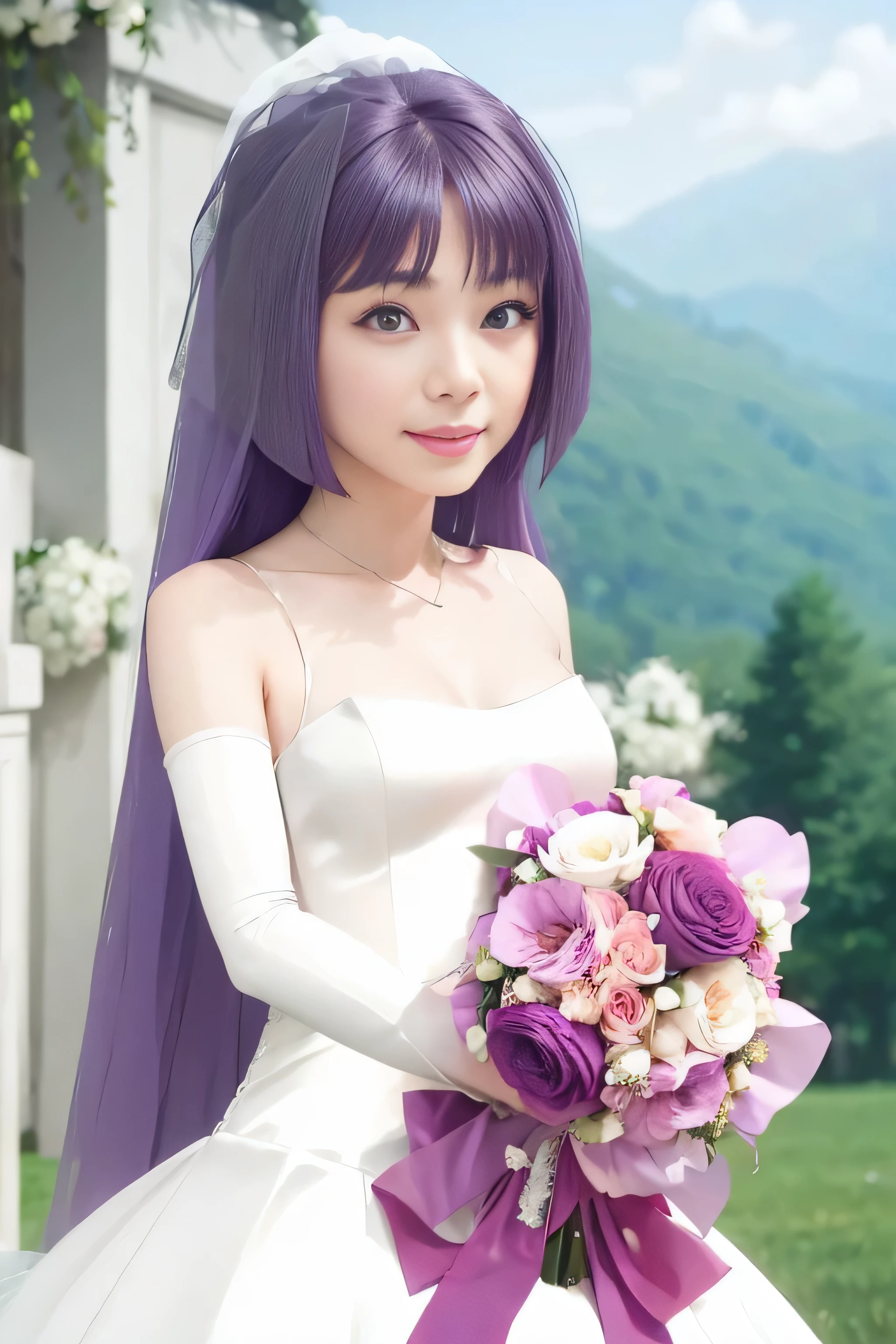 masterpiece, best quality, (realistic,photo-realistic:1.4), (RAW photo:1.2), extremely detailed CG unity 8k wallpaper, delicate and beautiful, amazing,finely detail, official art, absurdres, incredibly absurdres, huge filesize, ultra-detailed,extremely detailed eyes and face,light on face,sumire kakei,(little smile),(purple hair:1.4),(long hair:1.6),(wearing wedding dress:1.5),holding flower bouquet,garden,