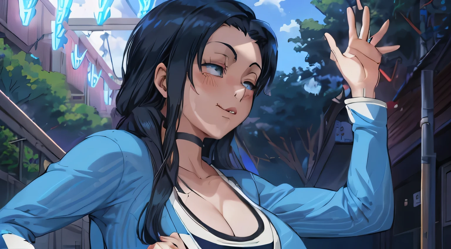 Close-up of a person with long hair and a blue and white striped shirt, 2012 anime screenshots, in an animated movie, nagatoro, Kentaro Miura style, anime female characters, 2 0 1 9 anime screenshots, mayuri shiina, attractive anime girl, seductive anime girl, anime movie screenshots, , anime best girls、Light blue jacket
