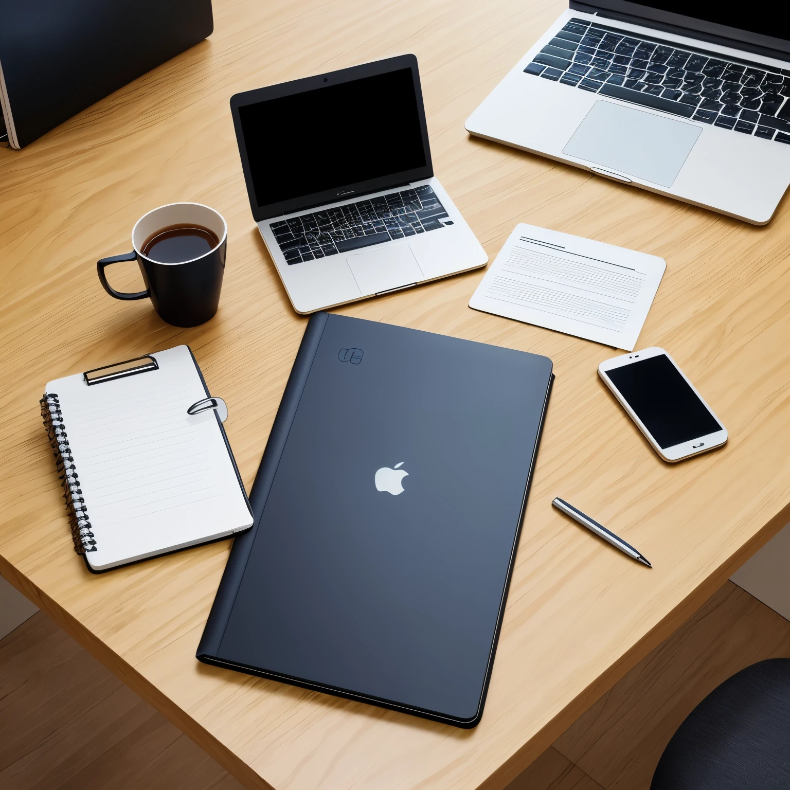 with an organized secretariat, There is a large and beautiful table.. in the center of the table, An open laptop rests on an adjustable stand. Professionally designed slides appear on your laptop screen, Carefully placed graphics and text.
next to the laptop, Notepad is open, A blank sheet where you can prepare additional notes related to office work.. A smartphone is placed next to a notepad, close enough to be easily reached.
In addition to these main objects、, You may notice that there are other office-like items on the desk.. I have a black pen and a blue pen., Ready to use for notes and signatures. A permanent table organizer, With clip compartment, rubber bands and other office supplies.
Around the table, View ergonomic office chairs, Designed for comfort even during long hours of work. next to the chair, May have shelves with folders and files, Indicates the existence of important documents. --automatic