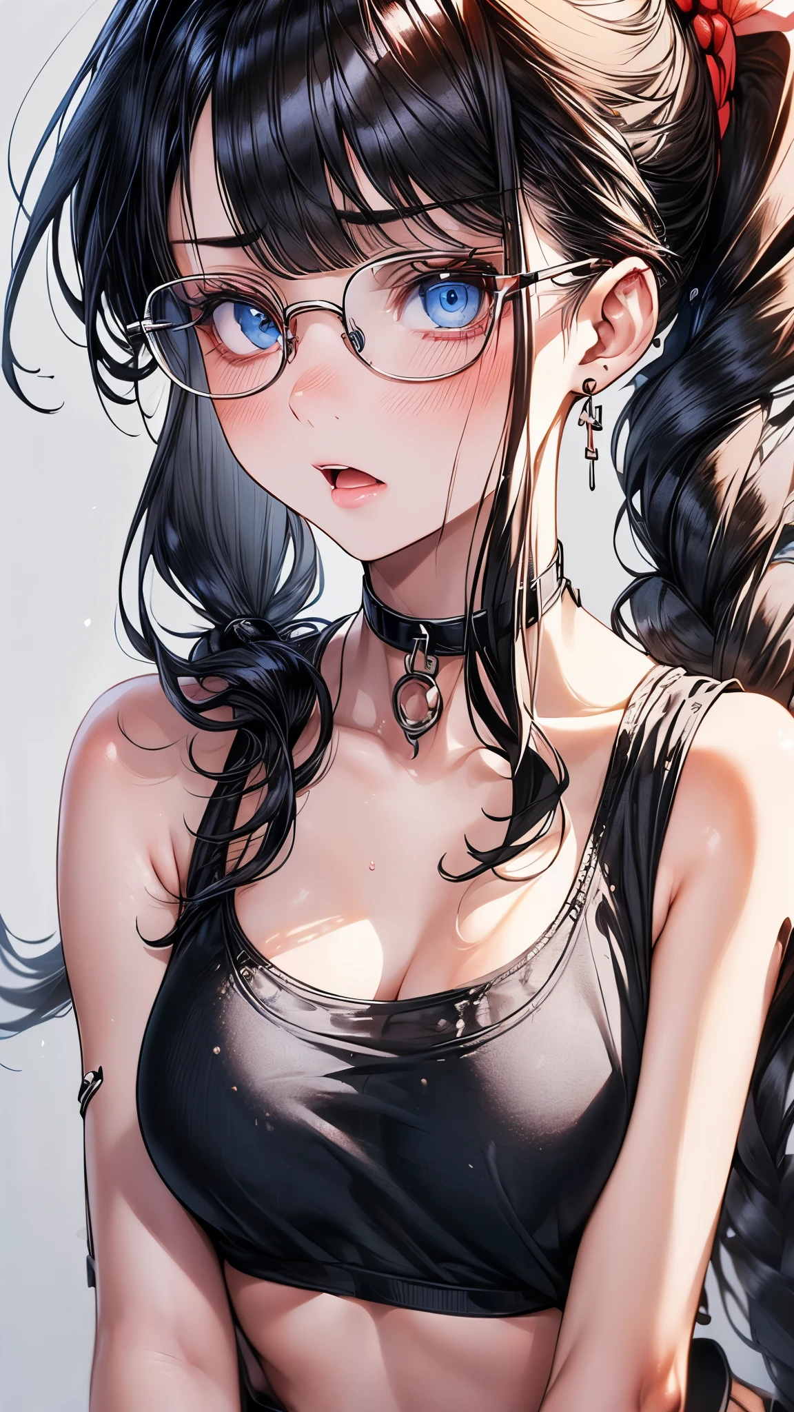 1 female,black hair, ,((anxious look)),beautiful breasts,sheer white tank top,good style,,(facing the front)(((cheeks turn red、surprised expression)),(((low ponytail))),((( upper body portrait)))frameless glasses,blue eyes,(((Bangs are uniform)))((See-through))sexy bra(wet condition)