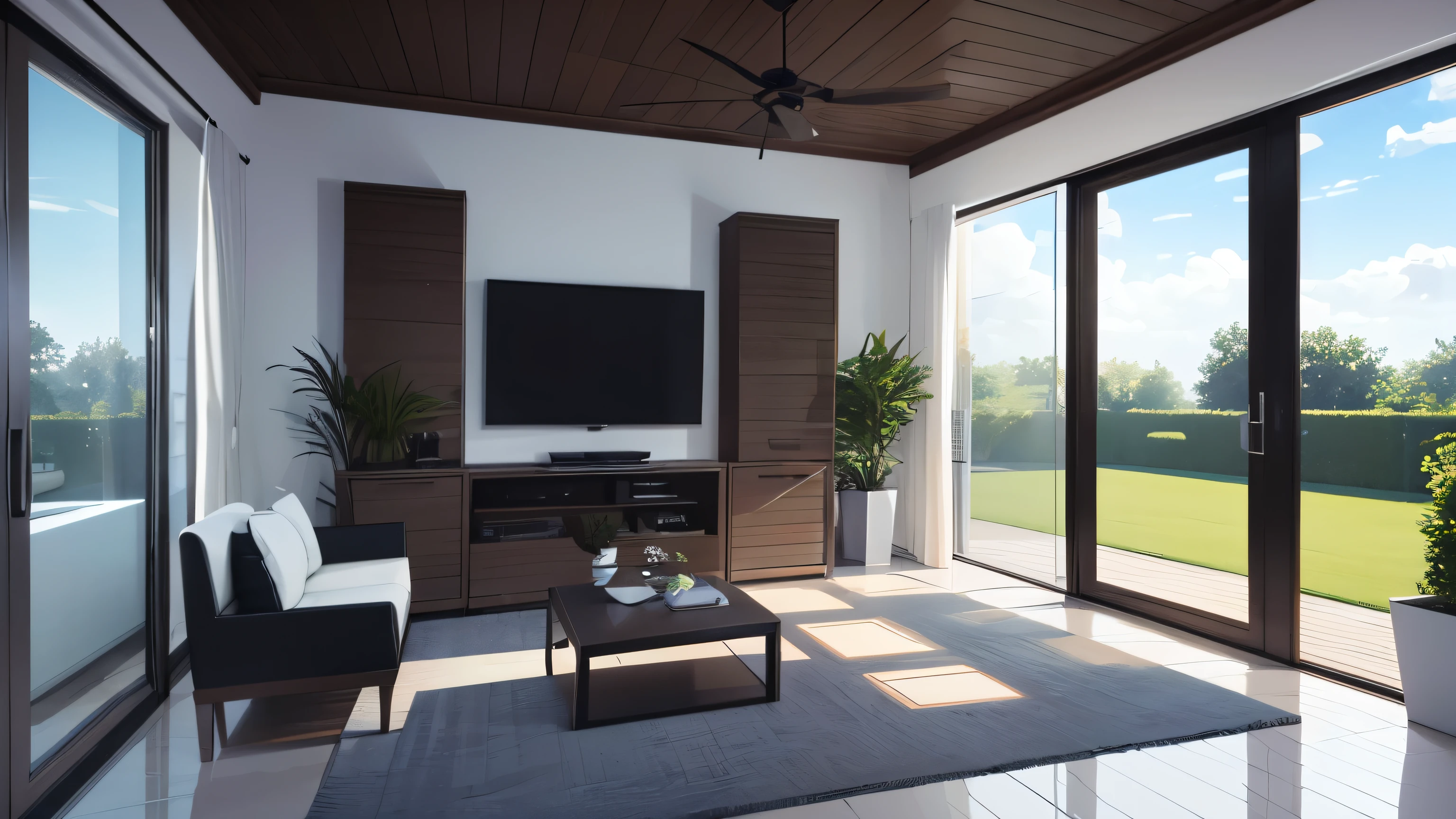 you are a famous interior designer、I was asked to create a 3D image of a large modern room.。. Create a harmonious environment with modern and minimalist furniture. Including garden interior.