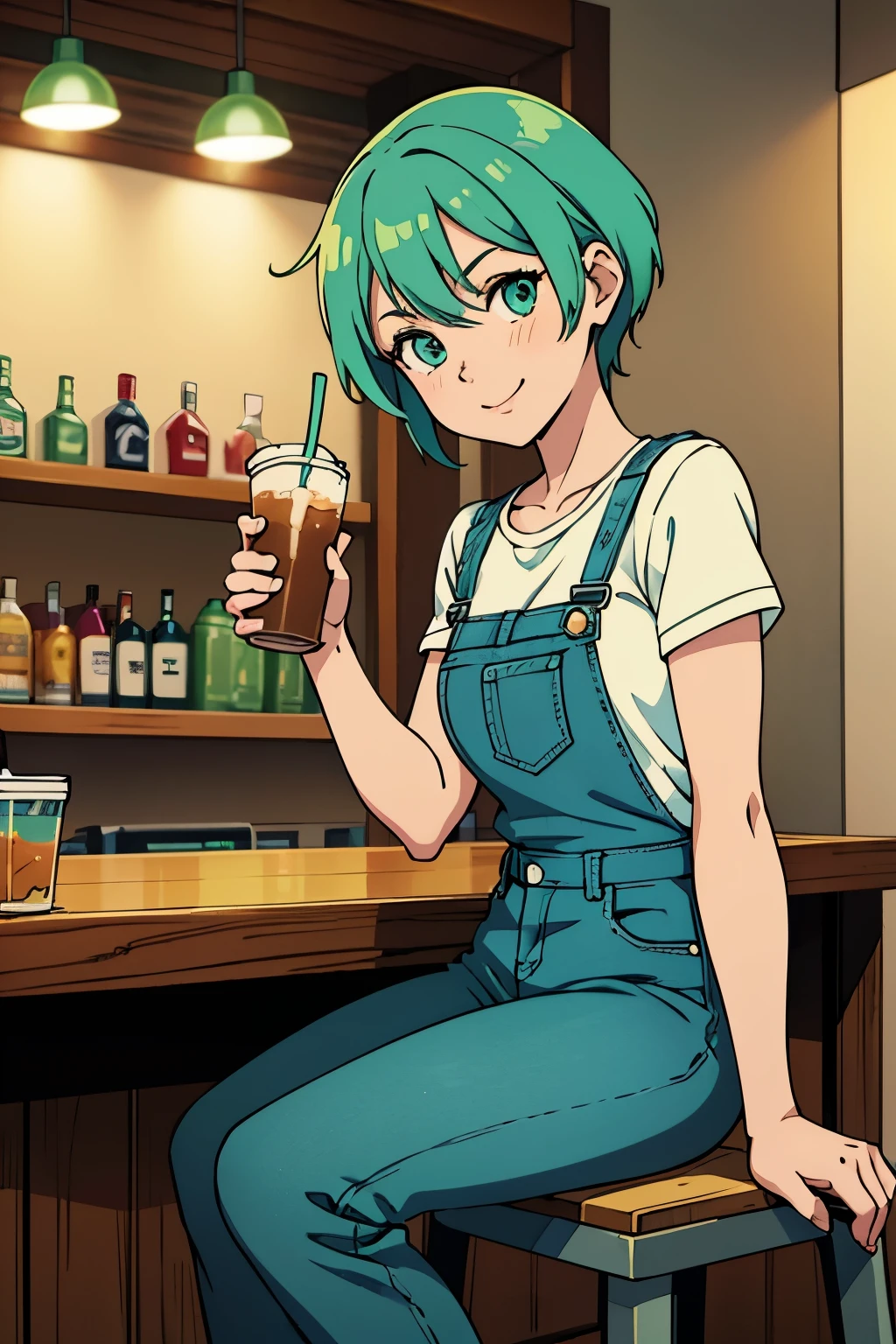 Cute girl, short light green hair, arousing, Fitini overall jeans,, smile, drink ice coffee, sexy , a drawing of a girl with green hair sitting on a stool, soda themed girl, anime girl drinks energy drink, 2 d anime style, anime girl with teal hair, flat anime style shading, anime moe artstyle, lunch time on uranus, cyan and green, in an anime style, lofi girl, full body portrait of a short!
