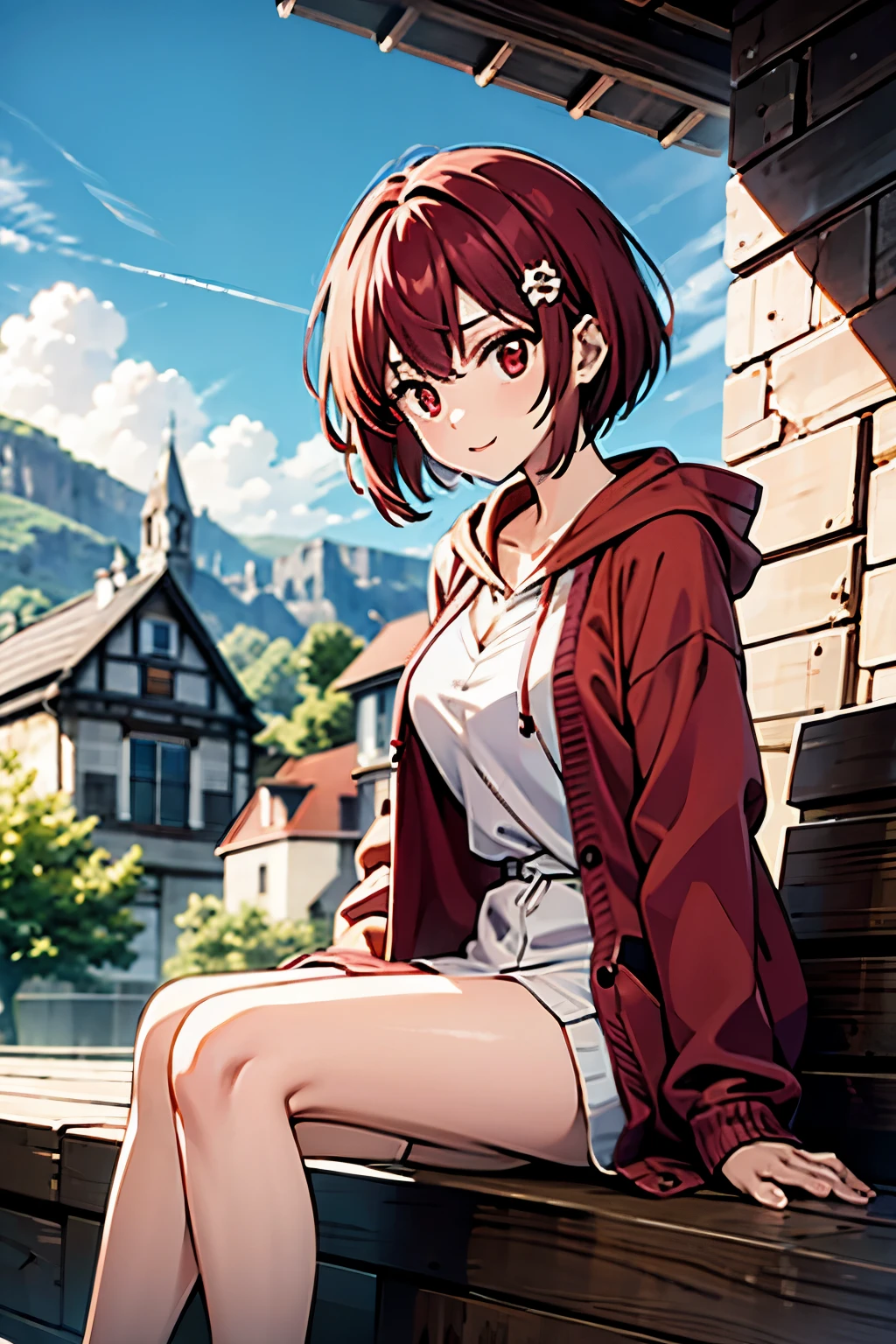 cute,cute,
1 girl, alone,
cranberry hair, pixie cut, bangs, hair ornaments,
red eyes,
point finger,
Close a view, from a pigeon,
Severe,
Oversized cardigan with patch pockets and hood,
big breasts,
BREAK simple background,underwear