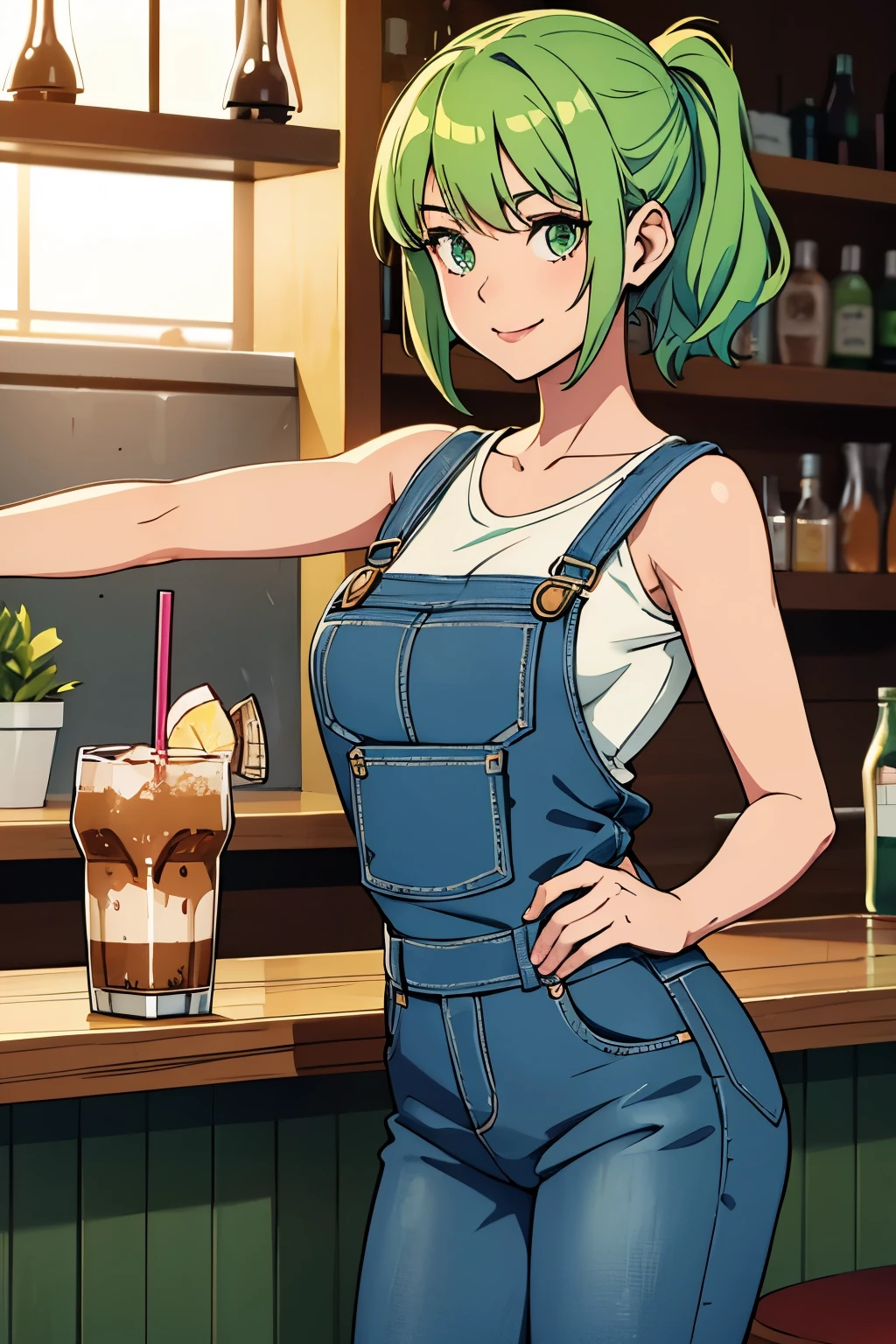 Cute girl, short light green hair, arousing, Fitini overall jeans,, smile, drink ice coffee, sexy 