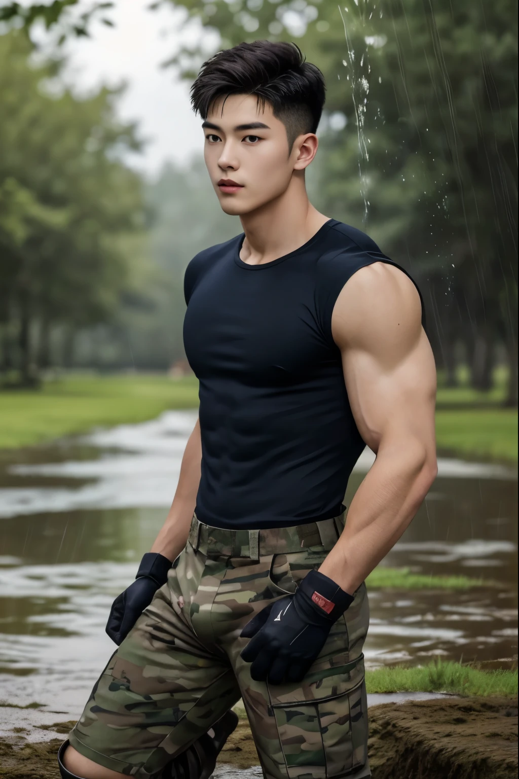 20-year-old boy ,Korean male soldier ,...,handsome , Wearing only a camo army short-sleeved shirt............., wearing nothing, Wearing no pants, Black boots and dark navy gloves, standing backward, sit on the ground ,nude, perfect , male , 1boy, solo, male focus, standing back, backward to viewers, showing huge male butt, round muscular ass, His legs spread apart.............................., tight ,Muscle Man , ((The arm muscles are very large.................)) ,large , Wide shoulders ,..................................... ,Sexually suggestive, (Dynamic Poses:1.1) , thights , (Embossed Focus:1.2),......................., ,It's raining ,Mud Pond , Best qualtiy , Wide lens ,deep depth of field ,Bokeh background