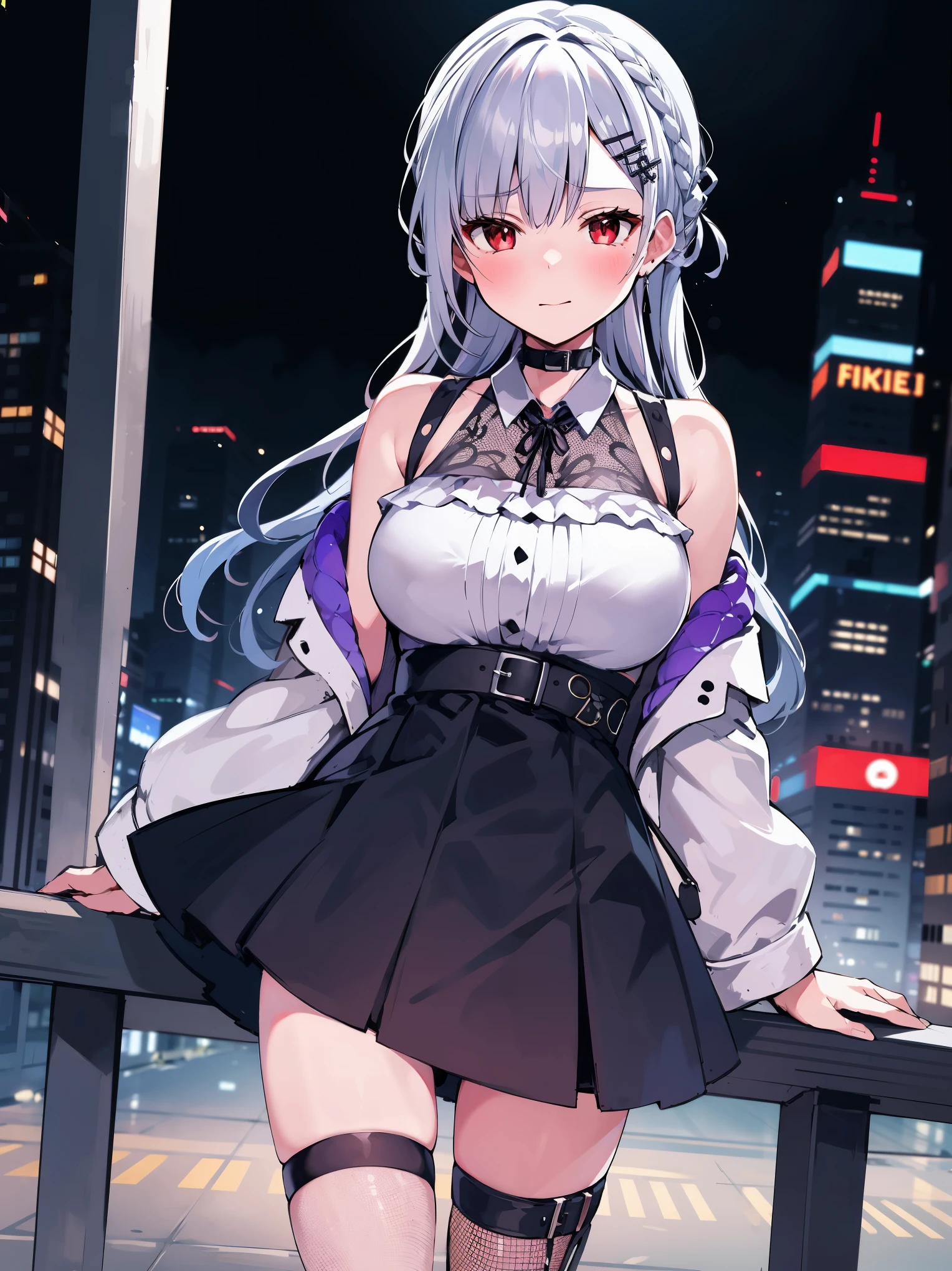 masterpiece, best quality, ultra highres, 8K wallpaper!, (thin line art, fine line art), solo, 1girl, red eyes, sparkling pupils!, white hair, braid, hairclip, large breasts, black choker, grey shirt, sleeveless shirt, skirt, fishnets, thigh strap, single thighhigh, outdoor, cowboy shot, standing, (from above:0.7), bashful, confused,