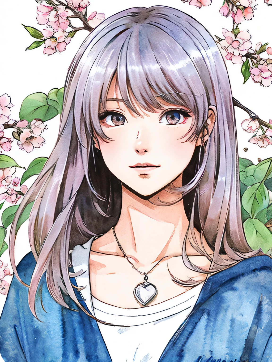 cartoon illustration、watercolor、manga cover、Comic style coloring、manga cover、girl、gradient hair、15 years old、cherry blossom petals