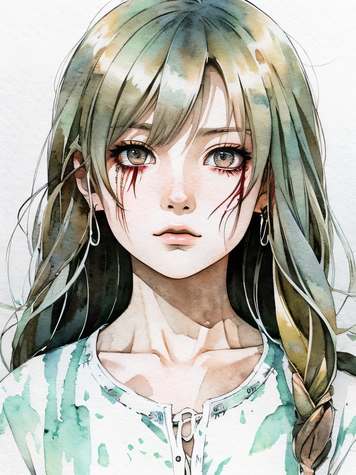 anime illustration、horror、scarred doll girl、watercolor painting、ivy、Dried flower