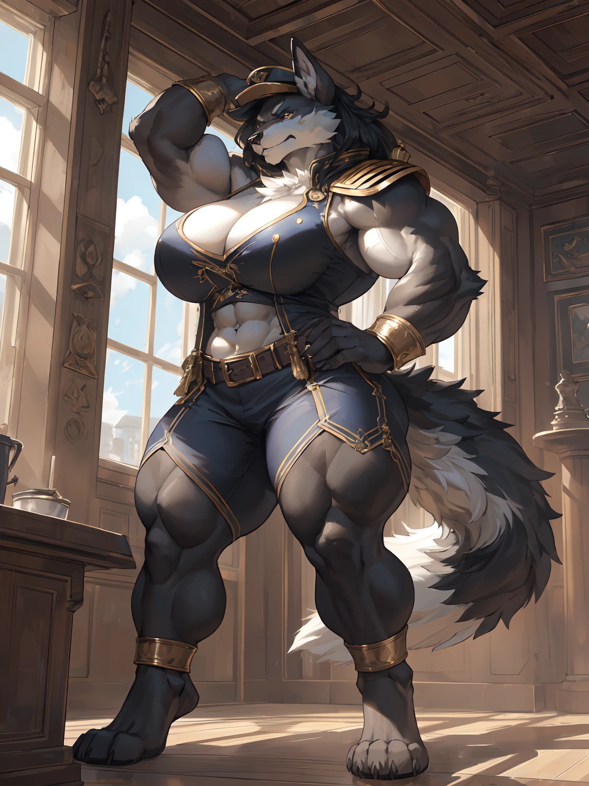 (masterpiece), (best quality), (cinematic lighting), by Pino Daeni, (by Foxovh), by dizzyknight, by cumbread, by sligarthetiger, explict content, uploaded on e621, (extremely detailed:1.3), solo, (black fur), female, mammal, massive musculature, huge muscles, abs, massive legs, muscle legs, thick arms, muscles arms, abs, massive ass, huge curvy big hips, colossal curve, large breast, wide hips, huge thighs, (random mammal:1.3), (Dynamic angle), global illumination, hands on hips, ship captain, (((ship captain outfit))), tight clothing, (big breasts, perky breasts:1.3), detailed eyes, detailed fluffy fur, detailed face, big fluffy tail, long hair, digitigrade, standing, (sexy pose, seductive pose), digital painting, natural lighting, photorealistic, (annoyed face), mad, snarl, fancy, proper, inside ship background,