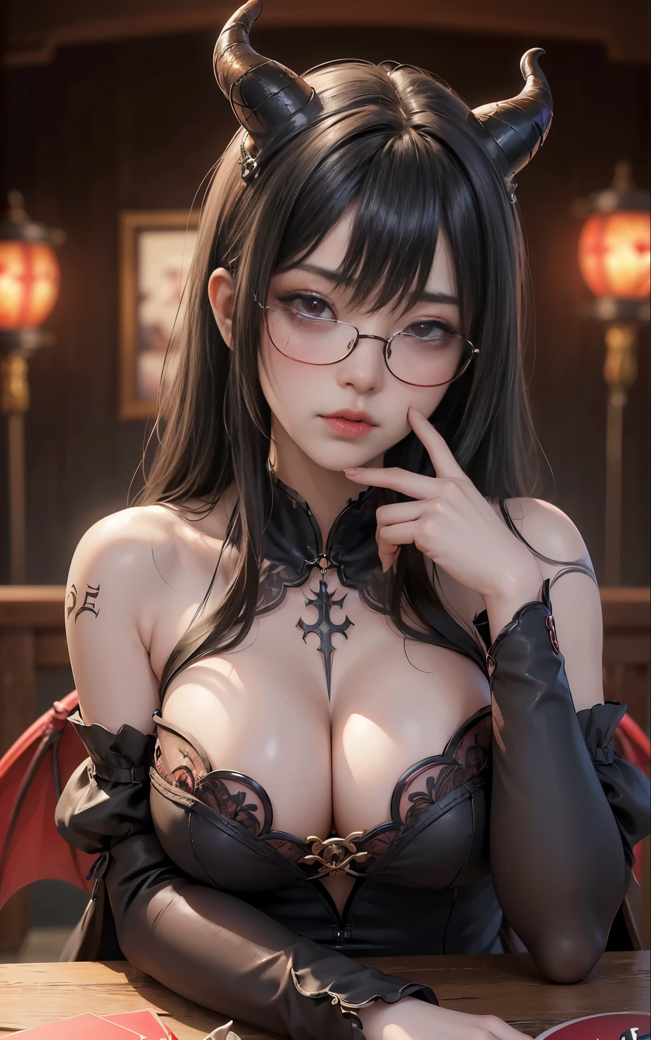 got itですかですか、(best illustrations)、8k UHD resolution、intricate details、highest quality、realistic、Super detailed、best lighting、best shadow、soft lighting、ultra hd、超realistic、Tyndall effect、Photoreal、(high detail skin:1.2)、 (intricate details, compensate, face to face with the children_v1:0.5), (got it, beautiful and delicate face, got itですか, beautiful and delicate eyes, perfectly proportioned face, high resolution skins, fine skin, Optimal ratio of 4 fingers and 1 thumb, arm under chest, red tattoo on lower abdomen、Wow wow, wide hips, smooth abdomen, thin and thin skin, __fashion__, __hair__:1.25)、Digital single-lens reflex camera、 absurd、(table top: 1.3), (maximum resolution: 1.2), (ultra hdTV: 1.2), cinematic light, fine eyes and skin, detailed facial features, , (sharp focus: 1.2), (focus on the face:1.2),perfect style, beautiful face, acura, anatomically correct, Highly detailed face and skin texture, fine eyes, double eyelid, thin eyebrows, glitter eyeliner: 1 natural cheeks, Glossy skin, Fair skin: 1.2, (glossy lips: 1.4),(embarrassed look: 1.2),Highly detailed face and skin texture, fine eyes, double eyelid, natural cheeks, glossy lips: 1.4,exposed cleavage、Bewitching。charm、 Beautiful devil woman from hell, デヴィッド・ホックニーとアルフォンス・ミュシャによる超realistic女性の肖像画, charm女性の肖像画、fantasy art, Chinese humanoid robot、chinese actress、dungeon、dragon、devil'palace of、devil'torture chamber、night、dark style 、in the dark、(detailed spooky background:0.8), magic、 1 girl、evil nun、dark necromancer、Succubus、devil'Daughter of、Shinonome Umi、bat wings,(((devil'Horn)))、 ((((giant glasses, otaku glasses, thick glasses, round glasses)))),(((big breasts)))、(devil'tail)、(red eyesは光り輝いて:1.6)、red eyesは非常に鮮明で詳細です, your eyes are so beautifully made, ((red eyes:1.0)),intricate tattoo, demonic intricate tattoo, thigh tattoo, body tattoo, masterpiece、最もbeautiful face、baby face、cute smile、beautiful plump red lips、筋肉のcharm体、devilのcharm体、devil style、charmブラックマジックコスチューム、The long-haired、Braid、Black hair、Ponytail distortion、, Ponytail with a bow tied at the back of the hair, beautiful expression、body up、big breasts強調、bust, super tight chest, Breast augmentation surgery, Breasts are very big and round,tight waist、wide ass、 secret key, cowboy lens, (black phoenix dress: 1.0), devil crown, red gemstone necklace、Jewelry G Wise, Please wear black mesh socks,wearing light red、nffsw, nffsw, Meeting beautiful girls, look at the girl'Main body,