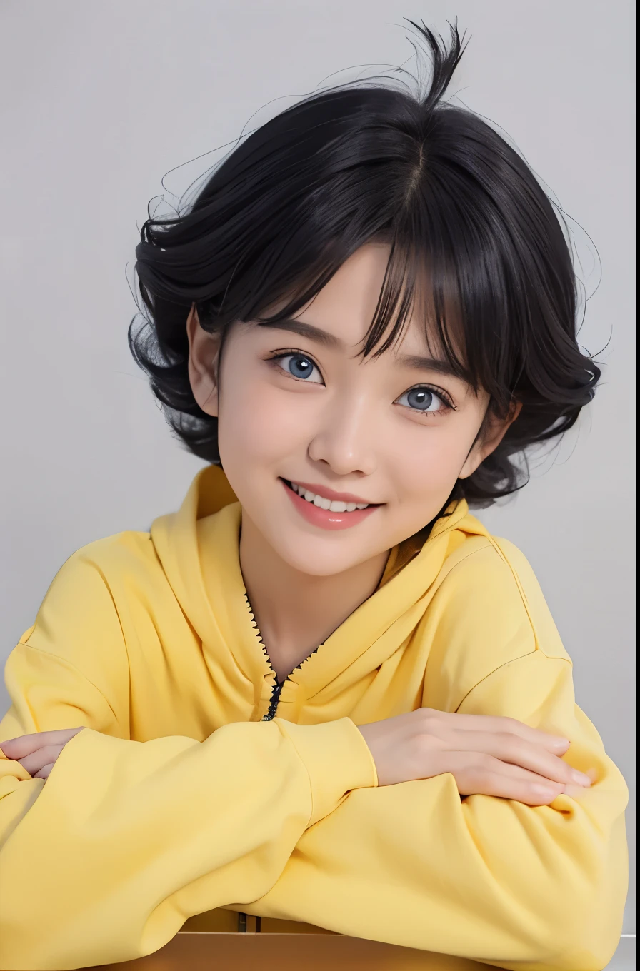 1fimale, uzumaki himawari in anime boruto the next generation, short hair, black hair, blue eyes, yellow clothes, realistic clothes, beautiful, smile, konoha bacground, realistic, ultra detail