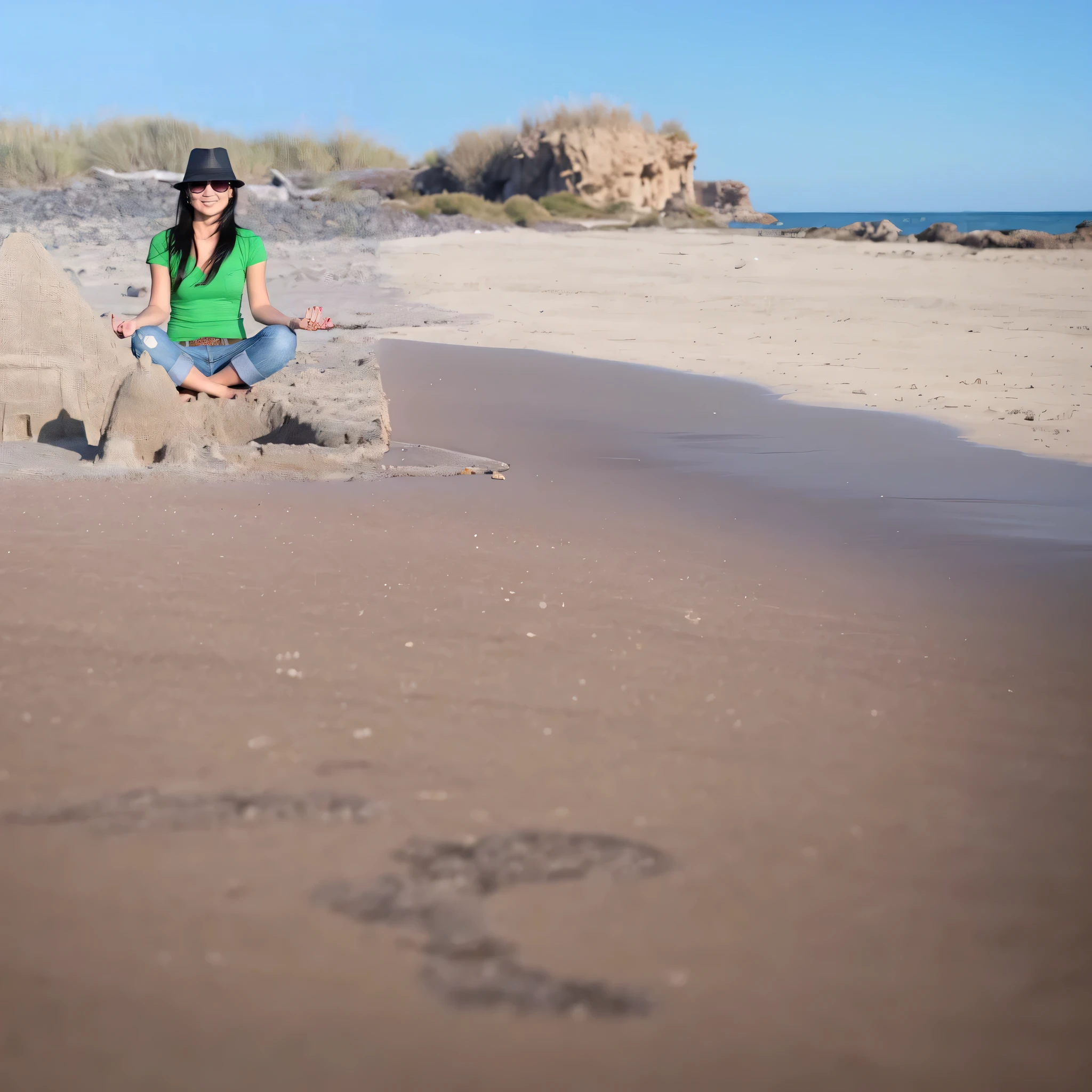 A naked woman standing a little on the sand of a defequering in squat position, Falling her huge poop