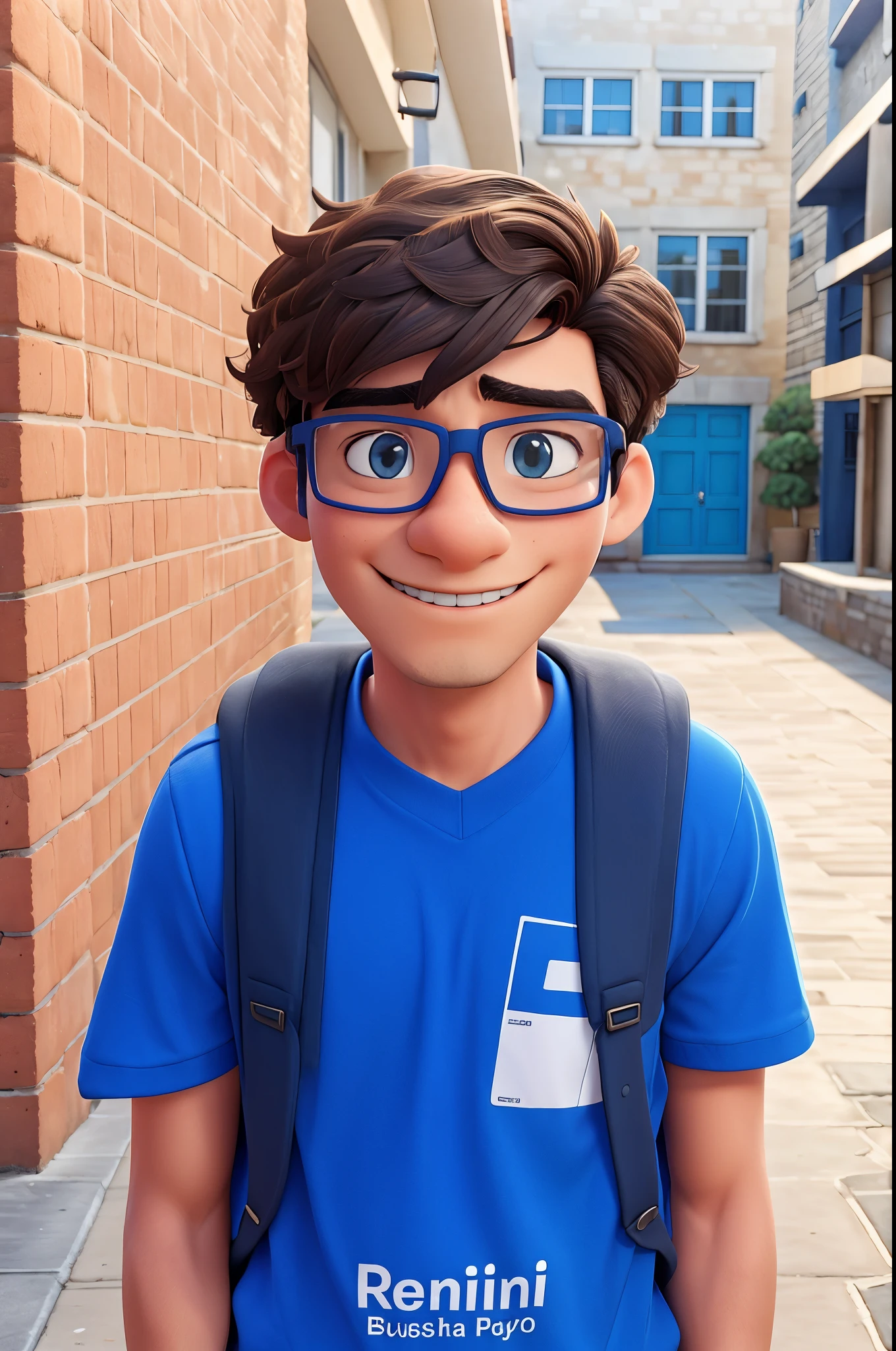 sharp boy in glasses and blue shirt in front of a brick wall, estudante, blue rimmed glasses, leve sorriso nerd, Asher Duran, looking directly at the camera, imagem de avatar, wearing square glasses, with glasses nerd e cavanhaque, imagem de perfil, John Egberto, wearing blue sunglasses, Riyad Cassiem, Foto de perfil, with glasses