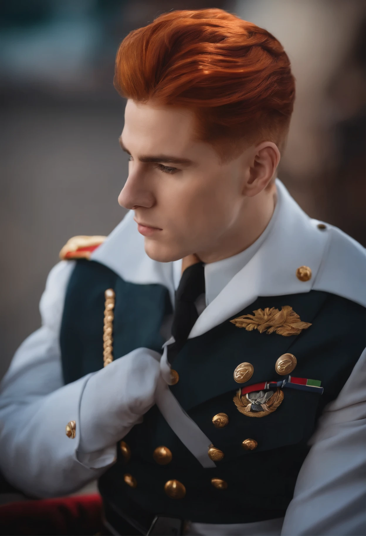 a russian soilder in a white uniform with black fur trim and red medals, handsome ginger man, blue eyes, youthful, playful, flirty, showboat, (lightroom) red:68% blue:41% green:37% filmgrain_minimal, texture:+25%, clarity: +40%, Contrast:+15%, shadows: +11% , sharpen:100%