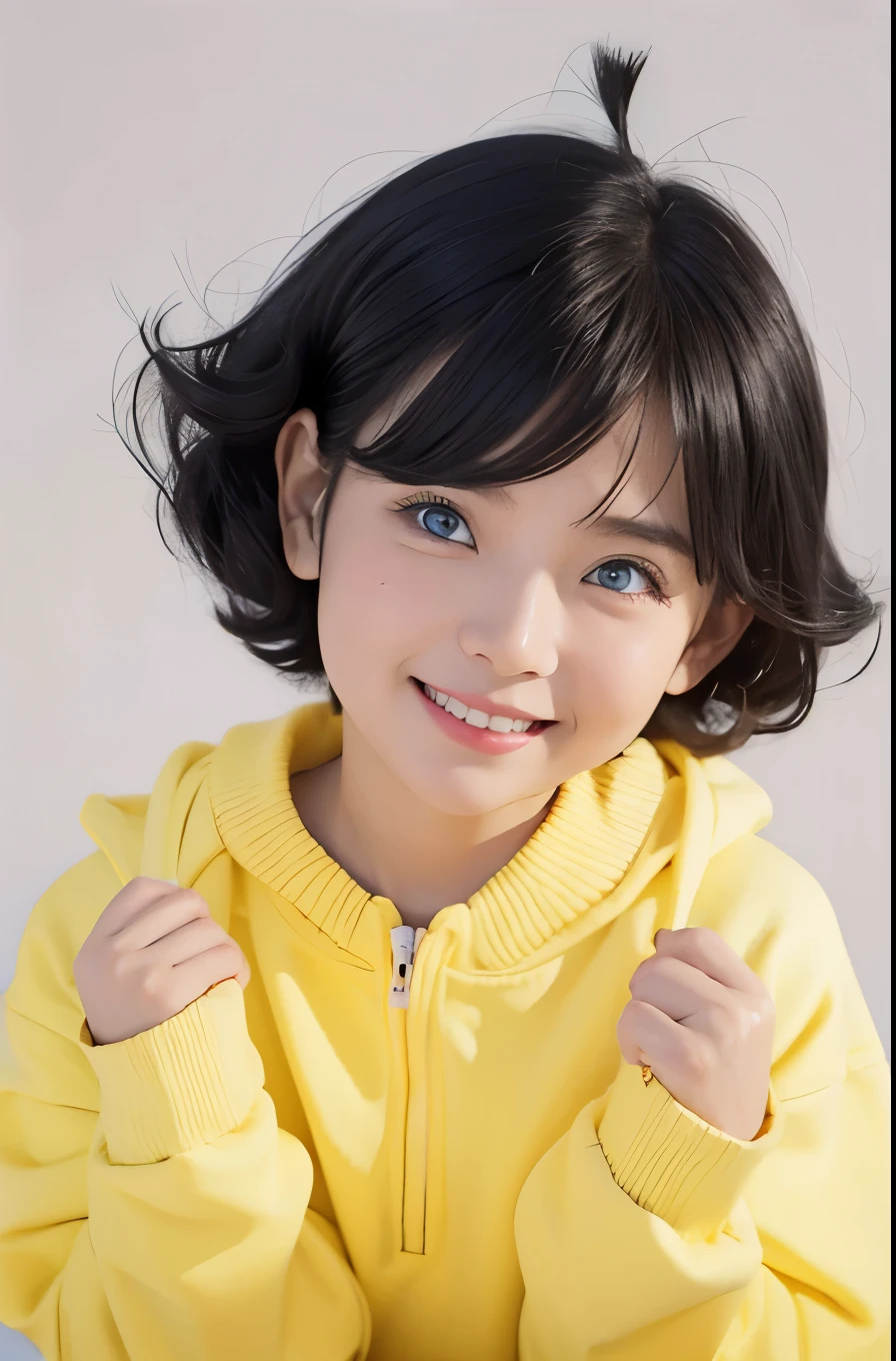 1fimale, uzumaki himawari in anime boruto the next generation, short hair, black hair, blue eyes, yellow clothes, realistic clothes, beautiful, smile, konoha bacground, realistic, ultra detail