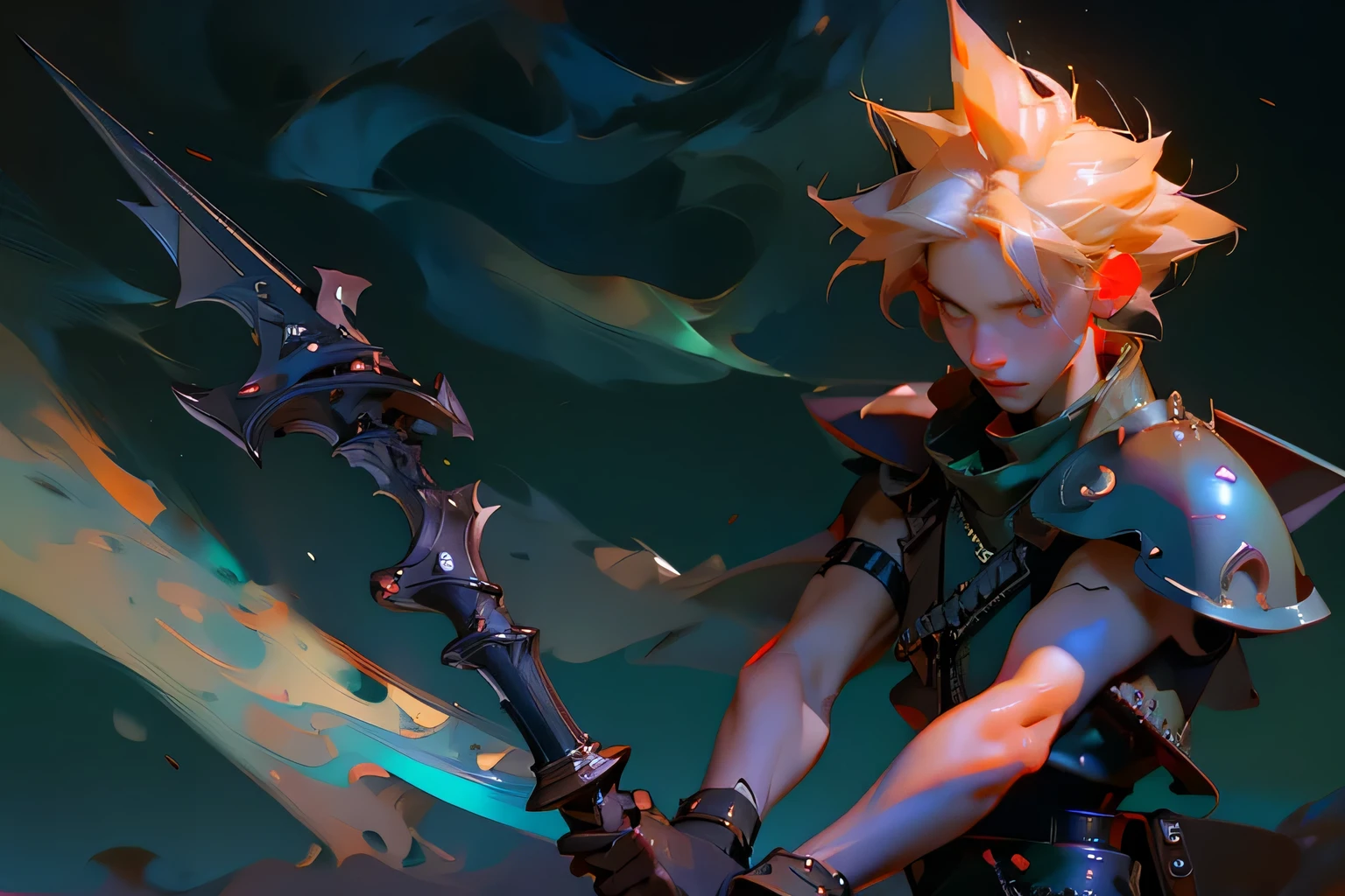 alta qualidade, 8K, Ultra detailed illustration of Cloud Strife from Final Fantasy 7, anime style digital illustration, segurando uma espada, tiro de corpo inteiro, cabelo espetado, Empunhando Espada Buster, dark background with smoke, Steampunk city in the distance, Dynamic Composition, 3d rendering, ombreira, manopla, and handles, sem mangas, solo reflexivo, octane rendering, pose muito legal, luz de aro verde, penas escuras voando, trends on Artstation, rosto altamente detalhado, misterioso, pictorial style, no estilo Ross desenha, tiro de corpo inteiro, espada grande imbecil