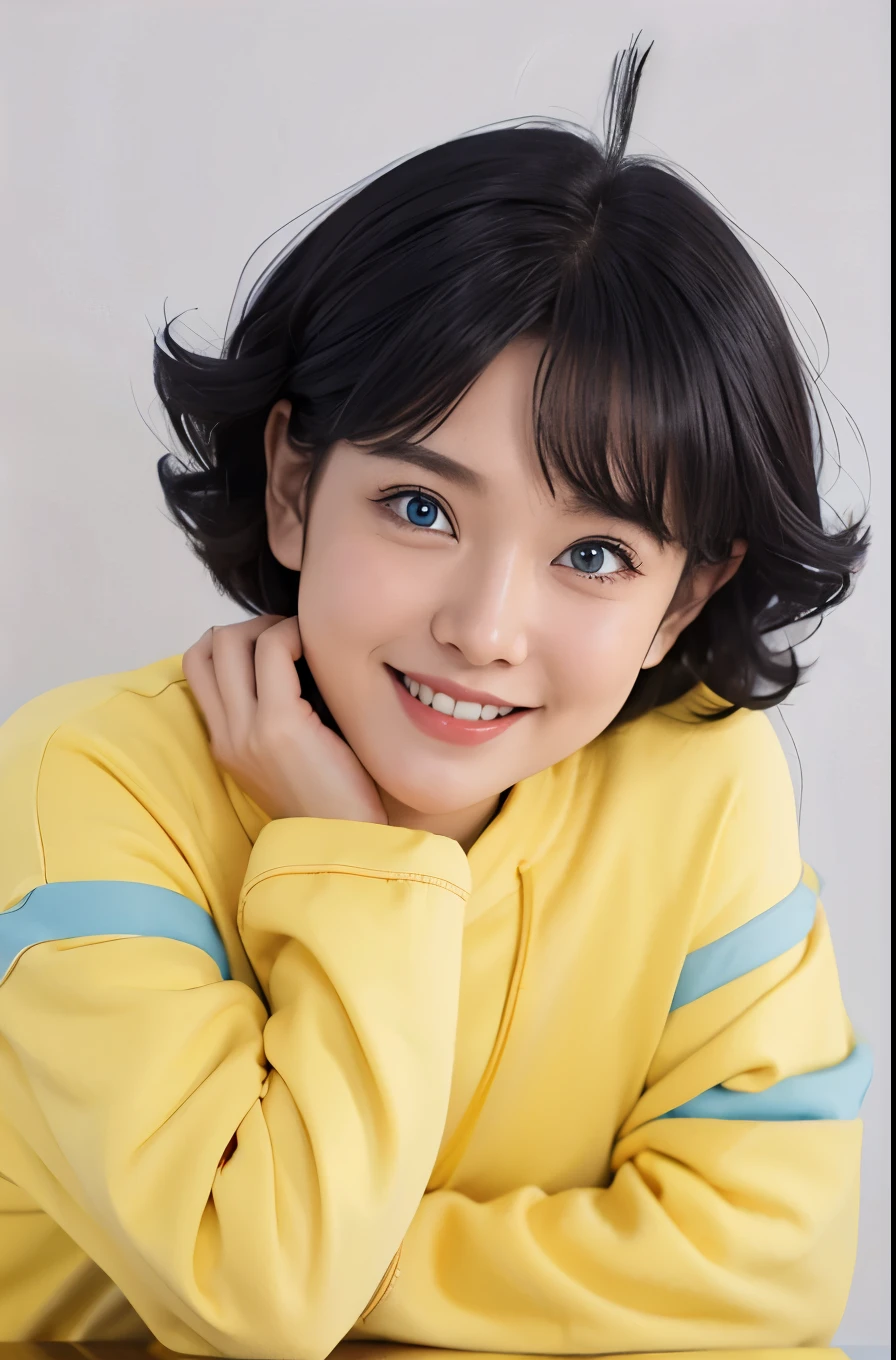 1fimale, uzumaki himawari in anime boruto the next generation, short hair, black hair, blue eyes, yellow clothes, realistic clothes, beautiful, smile, konoha bacground, realistic, ultra detail