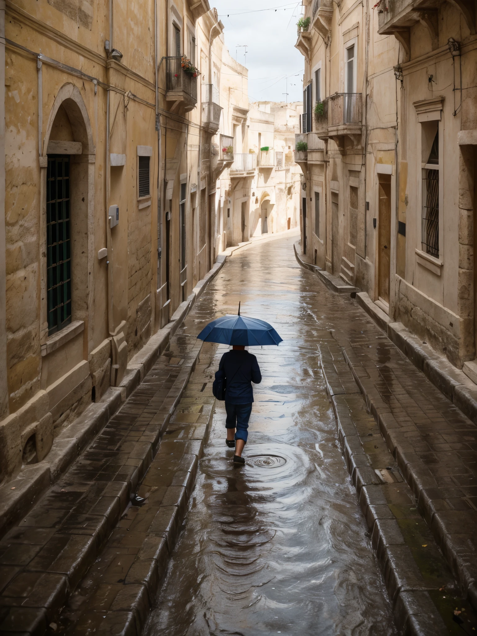 a car runs down the streets of Matera, in sassi_di_matera, obstacles on the road, rain, rain puddles on the path