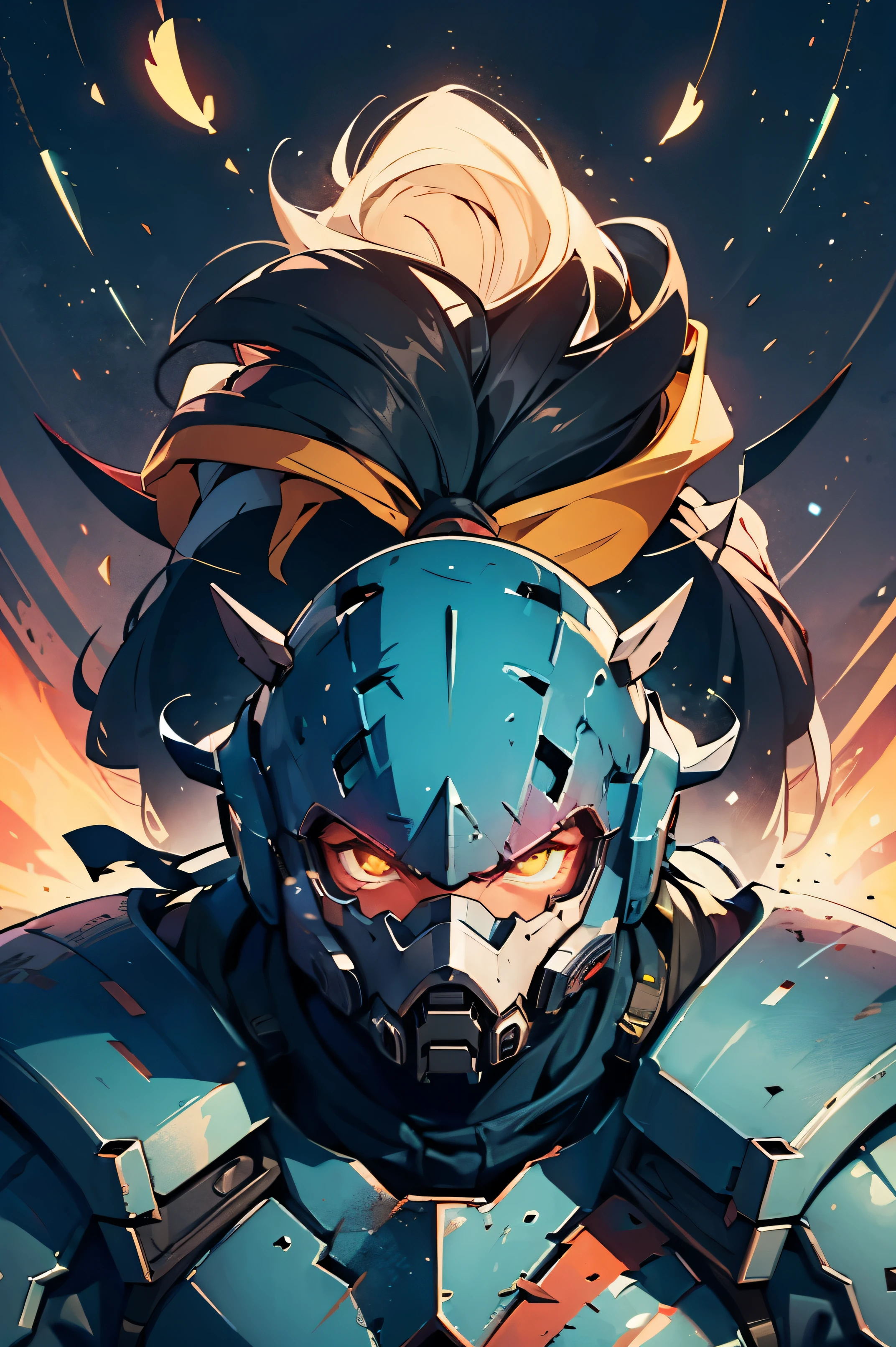 ((Helldivers 2)), (blue), human, armor, padding, mask, visor, multicolored light, red light, blue light