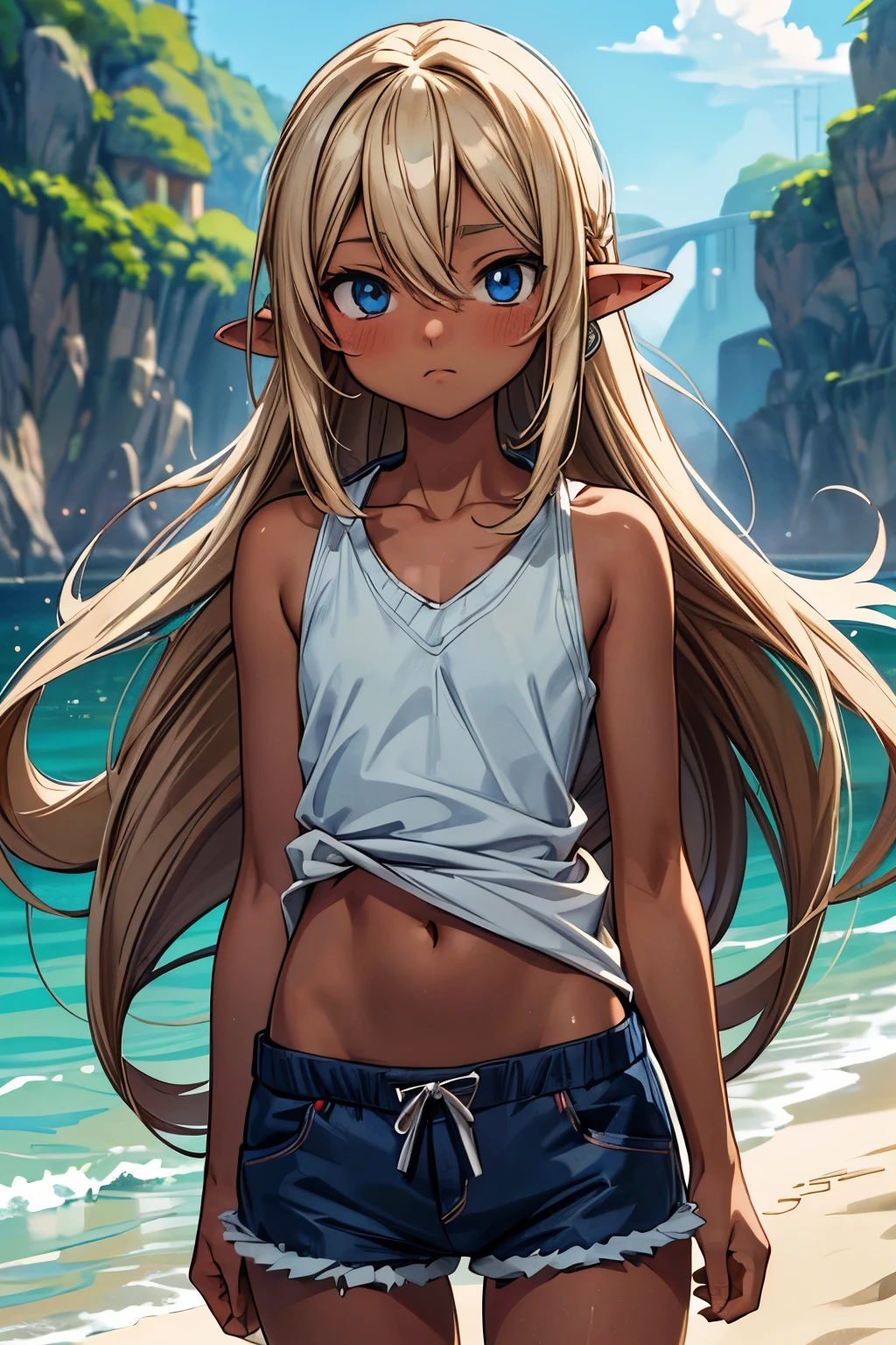((Masterpiece)), (Anime:1.3), ((best quality)), (RAW photo:1.2), (High Definition:1.3), (Professional Photography:1.2), (12 years old), (dark skin), elvish, (hair over eyes:1.2), girl in, girl, blue eyes, very long bangs, straight haired, very long transverse hair, blond hair, Beach, flat chest, Tank tops, shortpants, blush, slender waist, anime screen cap,
