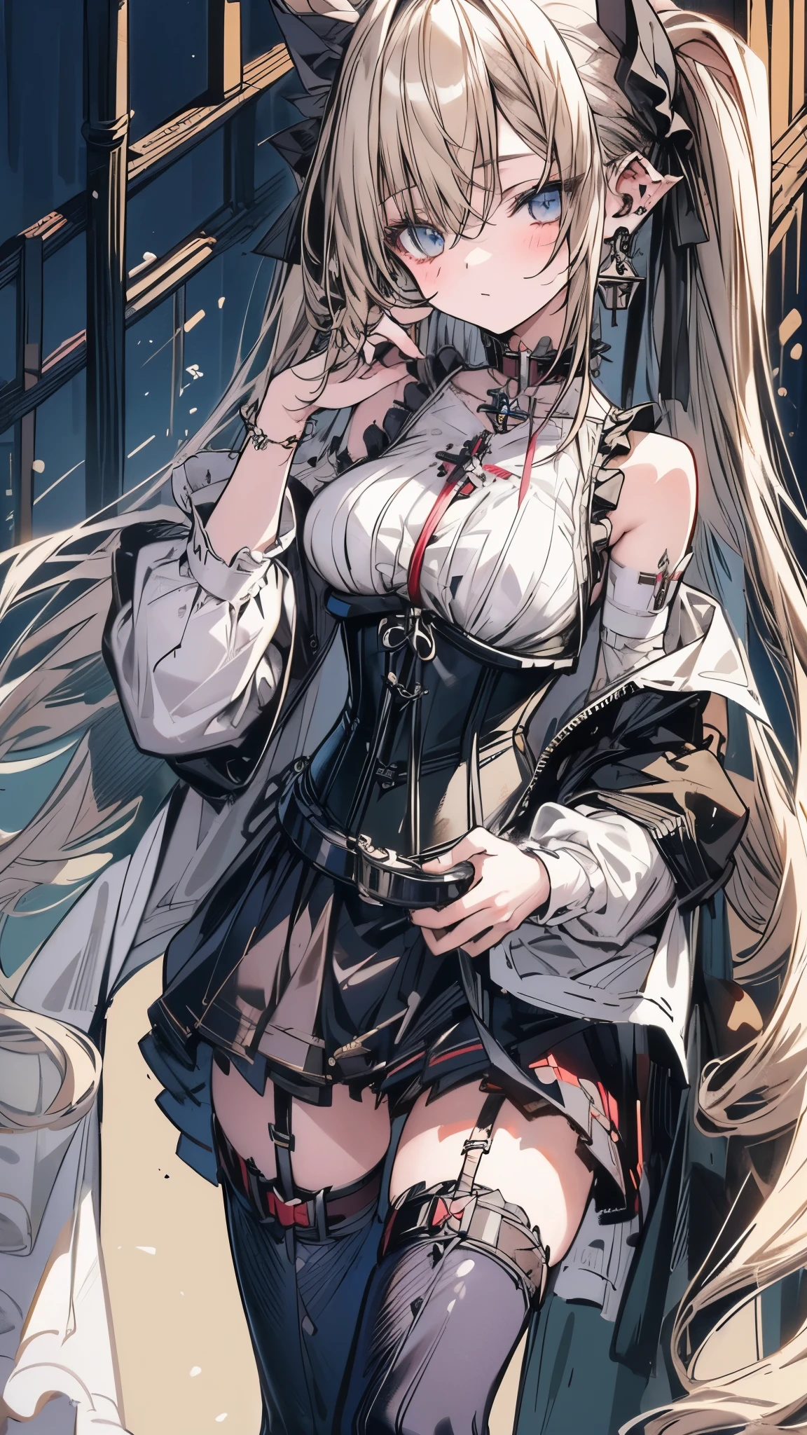 (((masterpiece)))、((highest quality))、(super detailed)、(CG illustration)、(so beautiful ))、cinematic light、(((1 Mechanical Girl)))、 SF、Apocalypse、erotic grotesque、(beautiful and luxurious:1.2)、(1 girl:1.3)、facing the front, (double breasted,under bust:1.2), button gap,(((corset belt))),(((high waist mile