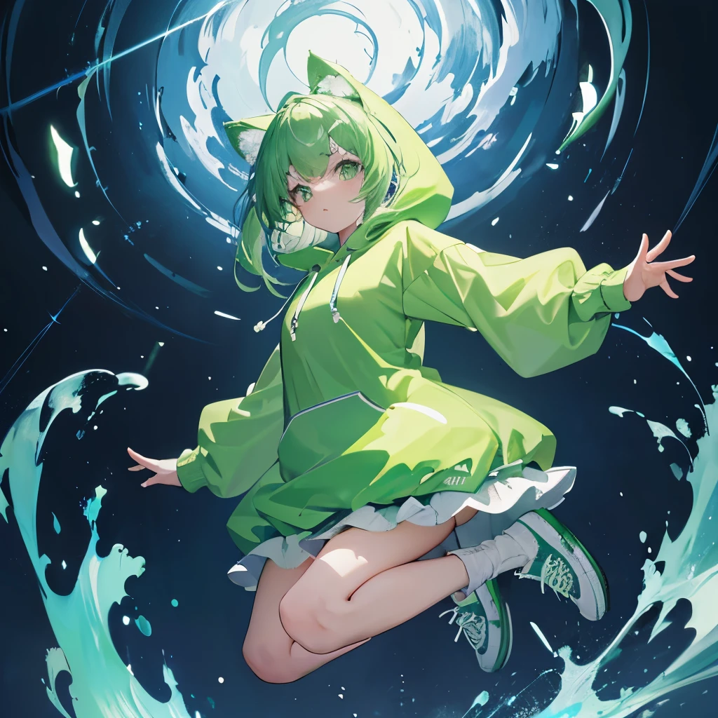 ８K, highest quality, masterpiece, super detailed、pastel green beauty、Uplifting movement、Uplifting、ridicule、Wearing a large pastel green hoodie、pastel green sneakers、jumping、angle from below、whole body、Emitting an aura