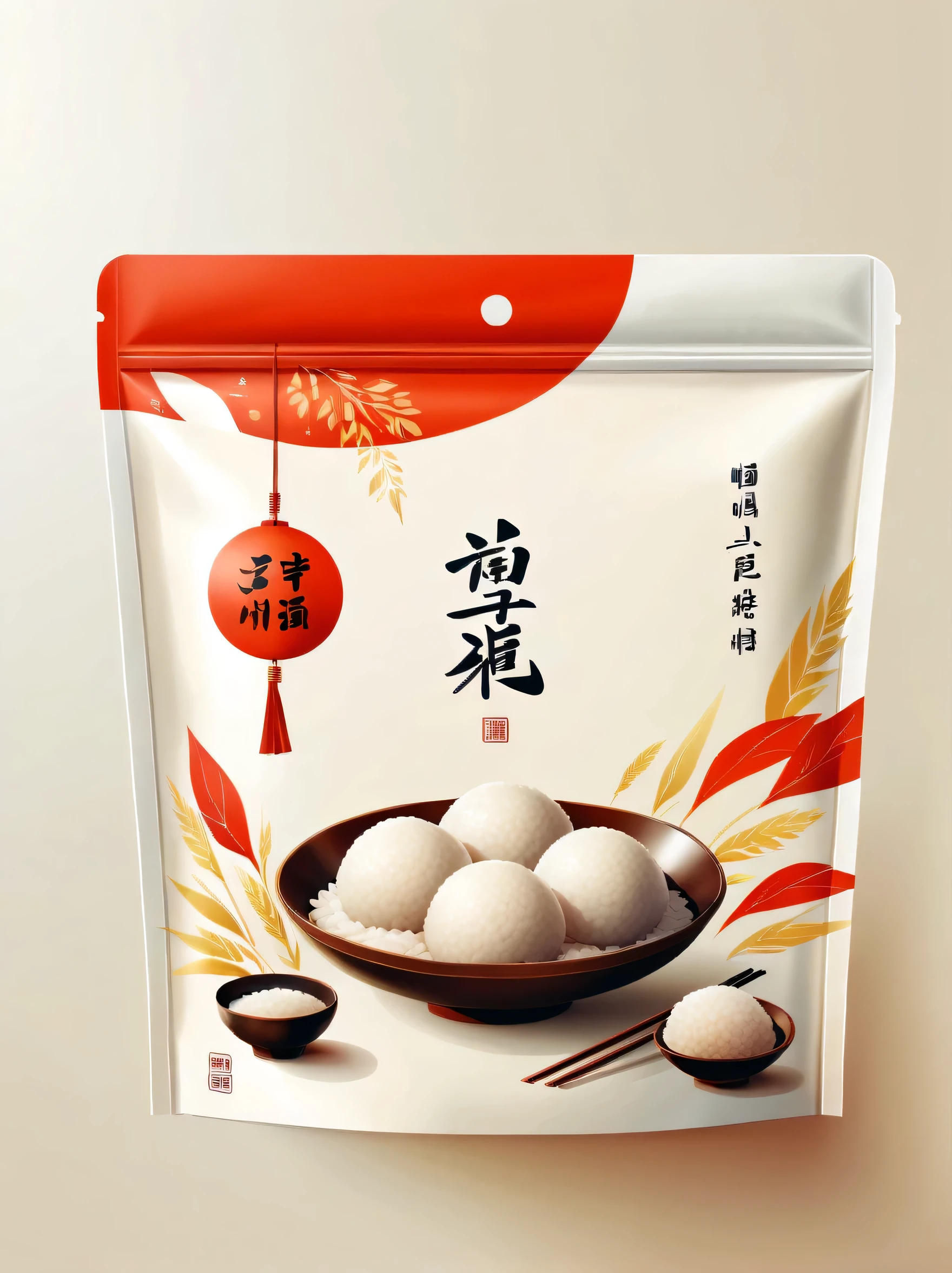 Modern packaging design, 1个Chinese glutinous rice balls产品包装袋,Flat style Chinese rice dumpling illustration,full of nutrition,simple white background,HD resolution,simple style,actual,Natural light, Glossy plastic packaging bag