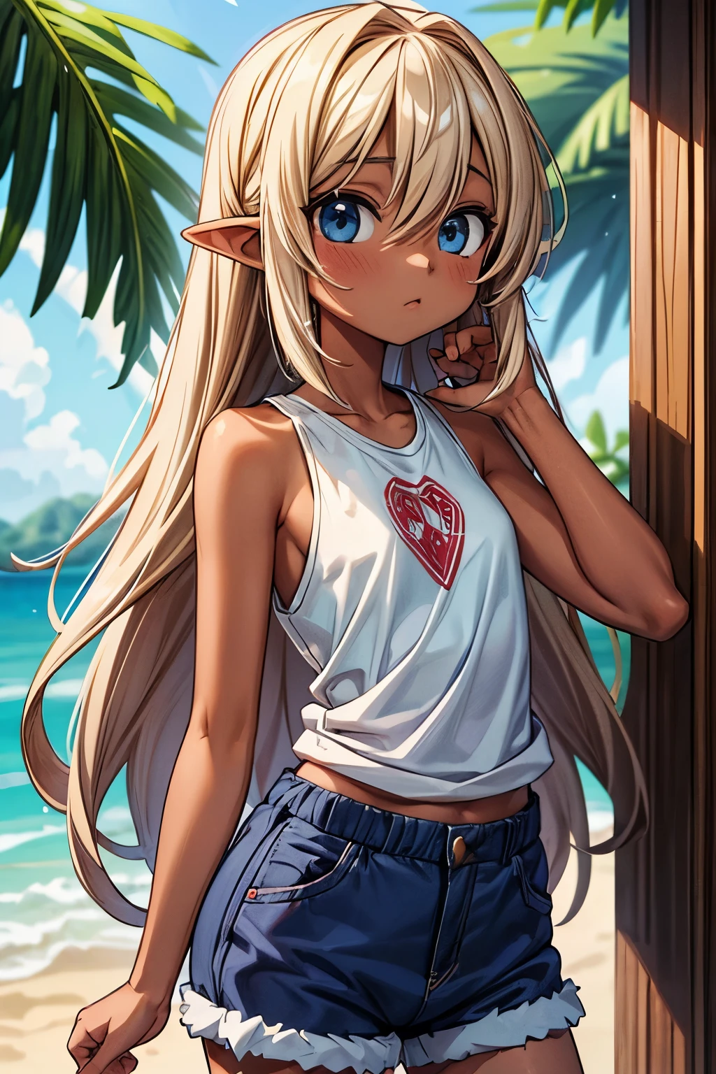 ((Masterpiece)), (Anime:1.3), ((best quality)), (RAW photo:1.2), (High Definition:1.3), (Professional Photography:1.2), (12 years old), (dark skin), elvish, (hair over eyes:1.2), girl in, Surprising Pose girl, blue eyes, very long bangs, straight haired, very long transverse hair, blond hair, Beach, flat chest, Tank tops, shortpants, blush, slender waist, anime screen cap,