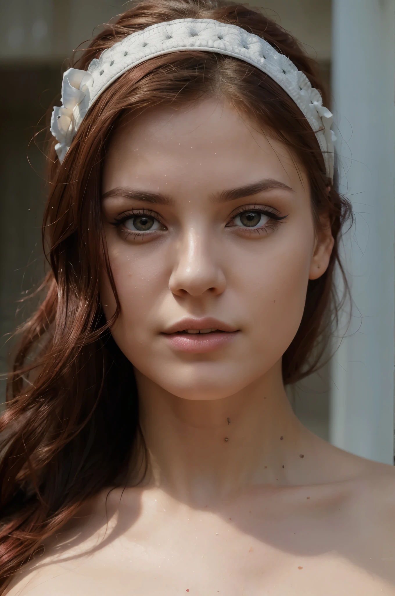 Photo of Ukrainian woman. Adapts to the face. 25 years old, pointy chin, raw photo, masterpiece, highly detailed photo, DSLR, photorealistic 3.9, ultra-high resolution, superior quality, pink lips, red hair, perfect makeup, big bright dry leaf eyes, white, na beach.