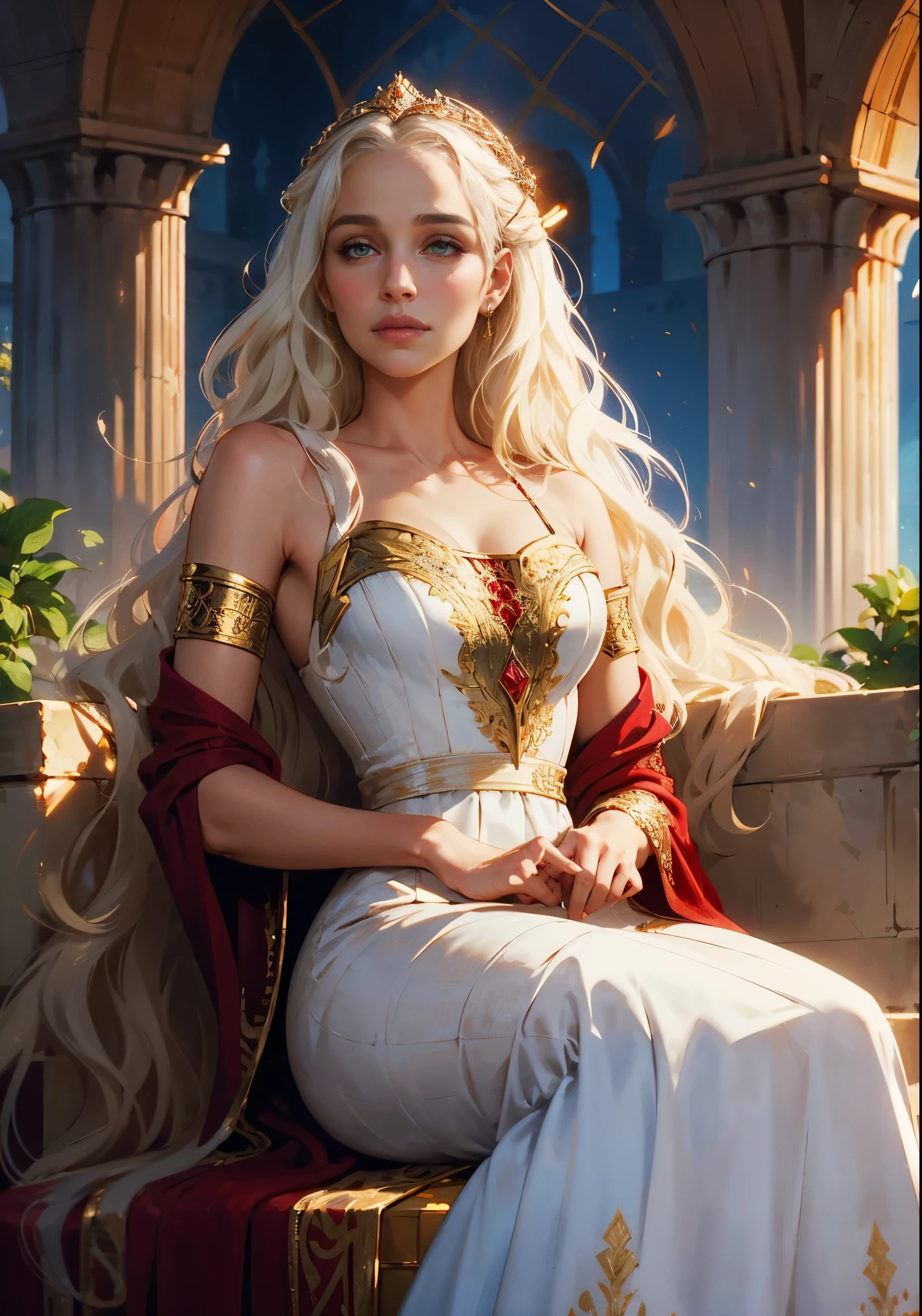 Princess Targaryen, gardens, looks like Daenerys/Natalie Portman, long white wavy hair, 16th century red dress with gold patterns, beautiful indigo eyes, delicate face, hd