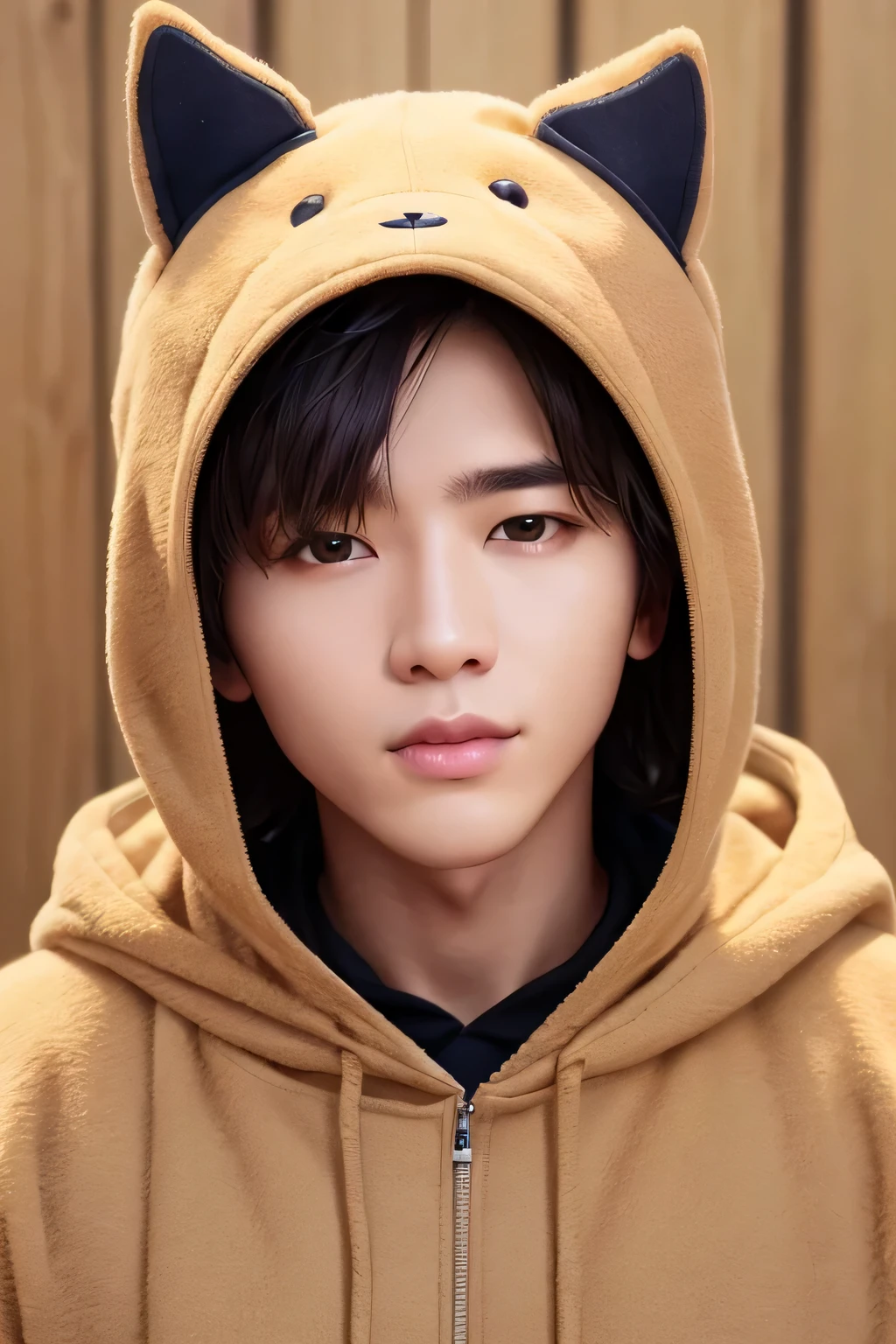 1 person、high quality、masterpiece、4k、、realistic skin、rough skin、(close-up shot of face:1.23)、、Dog Headgear、dog hoodie、dog hooded hoodie