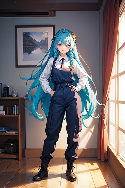 ((highest quality)), ((masterpiece)), (be familiar with), (Background: White wall)、perfect face, one girl、15 years old、big breasts、small face、long hair、silky hair、foreign style braids、pastel blue hair、Full body figure、standing position、khaki、Work clothes、pants、Jumpsuit、work apron、safety boots、
