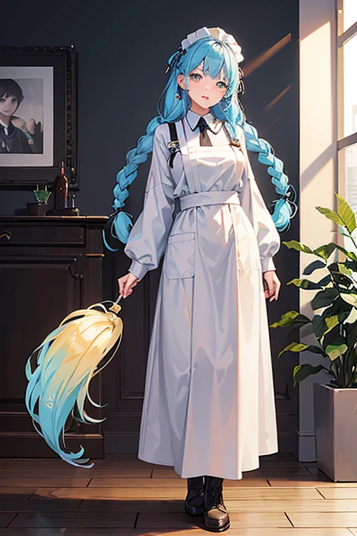 ((highest quality)), ((masterpiece)), (be familiar with), (Background: White wall)、perfect face, one girl、15 years old、big breasts、small face、long hair、silky hair、foreign style braids、pastel blue hair、Full body figure、standing position、khaki、Work clothes、pants、Jumpsuit、work apron、safety boots、