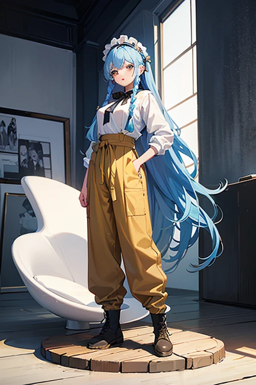 ((highest quality)), ((masterpiece)), (be familiar with), （simple background）、perfect face, one girl、15 years old、big breasts、small face、long hair、silky hair、foreign style braids、pastel blue hair、Full body figure、standing position、khaki、Work clothes、pants、Jumpsuit、work apron、safety boots、