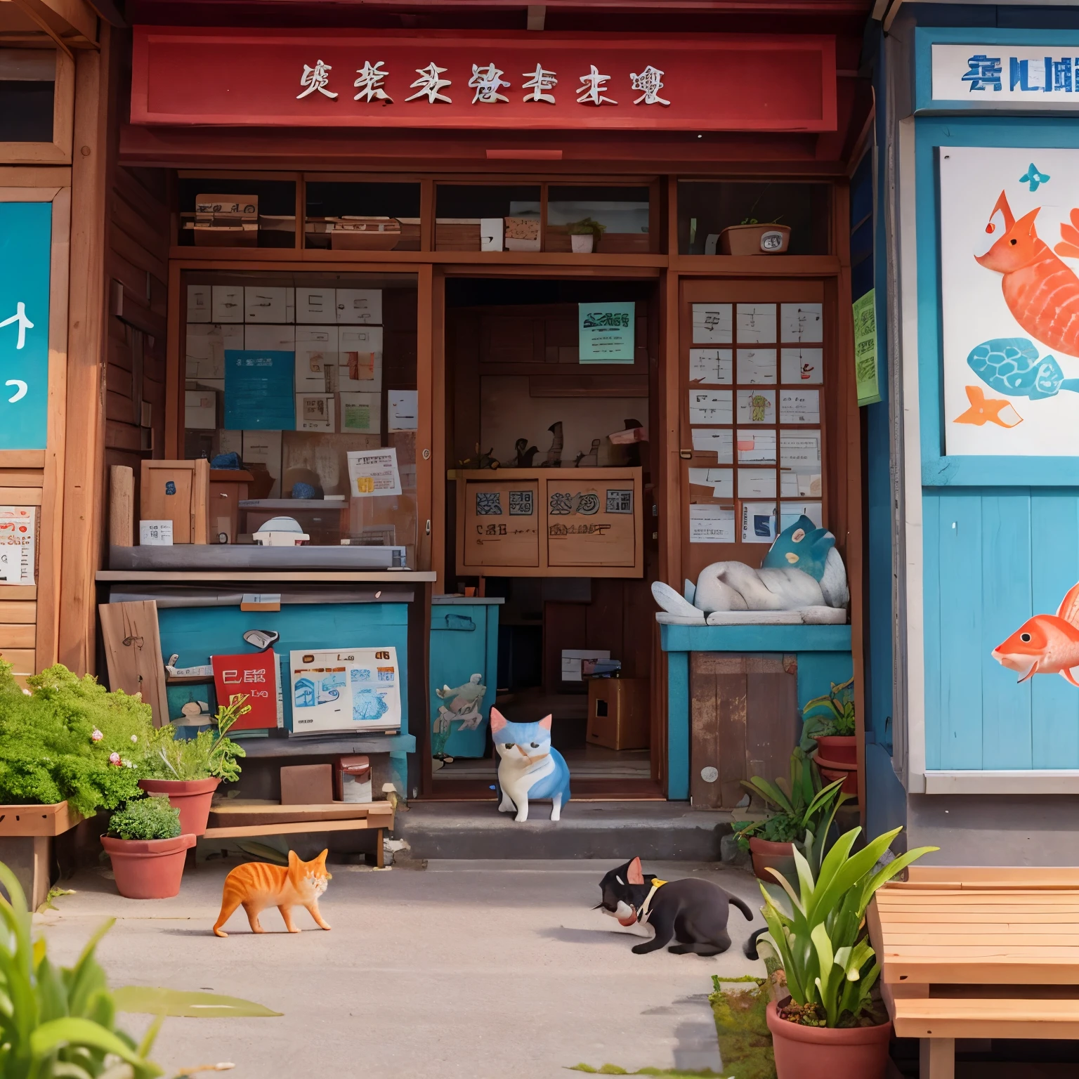 1. Panel 1:
• The exterior of a thriving fish shop in the center of town is depicted.、It depicts cats gathering around it.。
2. Panel 2:
• Depicts cats having fun eating fish in a fish store.、A daring cat is shown plotting to steal a fish。
3. Panel 3:
• The cat jumps on the table.、It depicts someone skillfully stealing fish.、The siren of a police cruiser blares from behind.。
