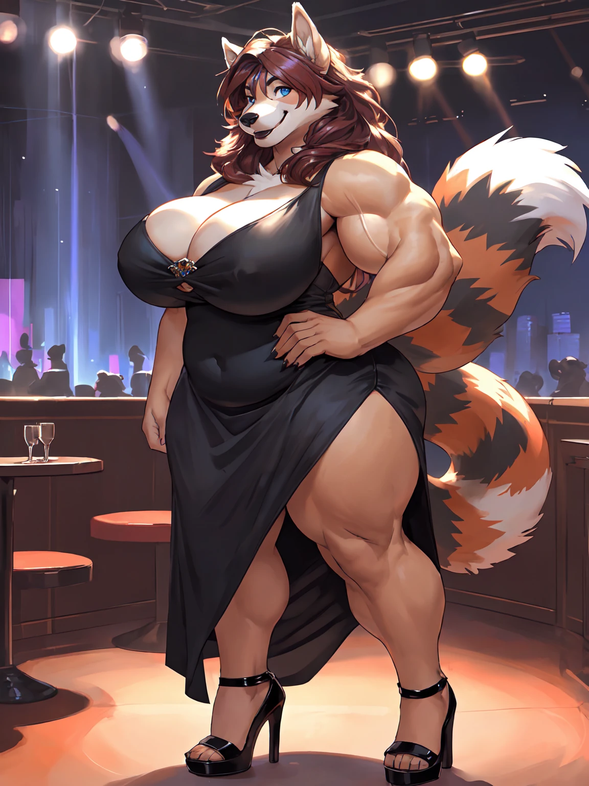 By darkgem, by meesh, by kevinsano, by gillpanda, solo, curvy, chubby, bbw, fat, heavy, red panda, female, milf, older woman, furry body, massive musculature, huge muscles, abs, massive legs, muscle legs, thick arms, muscles arms, abs, massive ass, huge curvy big hips, colossal curve, large breast, wide hips, huge thighassive breasts:1.2), heavy breasts, (blue eyes, highly detailed eyes), (auburn hair, long hair), fluffy, topless, large areolae, (black dress:1.5), (covered black heels:1.4), sheer stockings, cleavage, big fluffy tail, Masterpiece, best quality, absurd res, highly detailed, cleanly drawn eyes, anthro only, (nightclub:1.2), indoors, inside, shadowy figures in background, (sly smile:1.5), big bottom lip, dark lipstick, looking at viewer, standing upright,